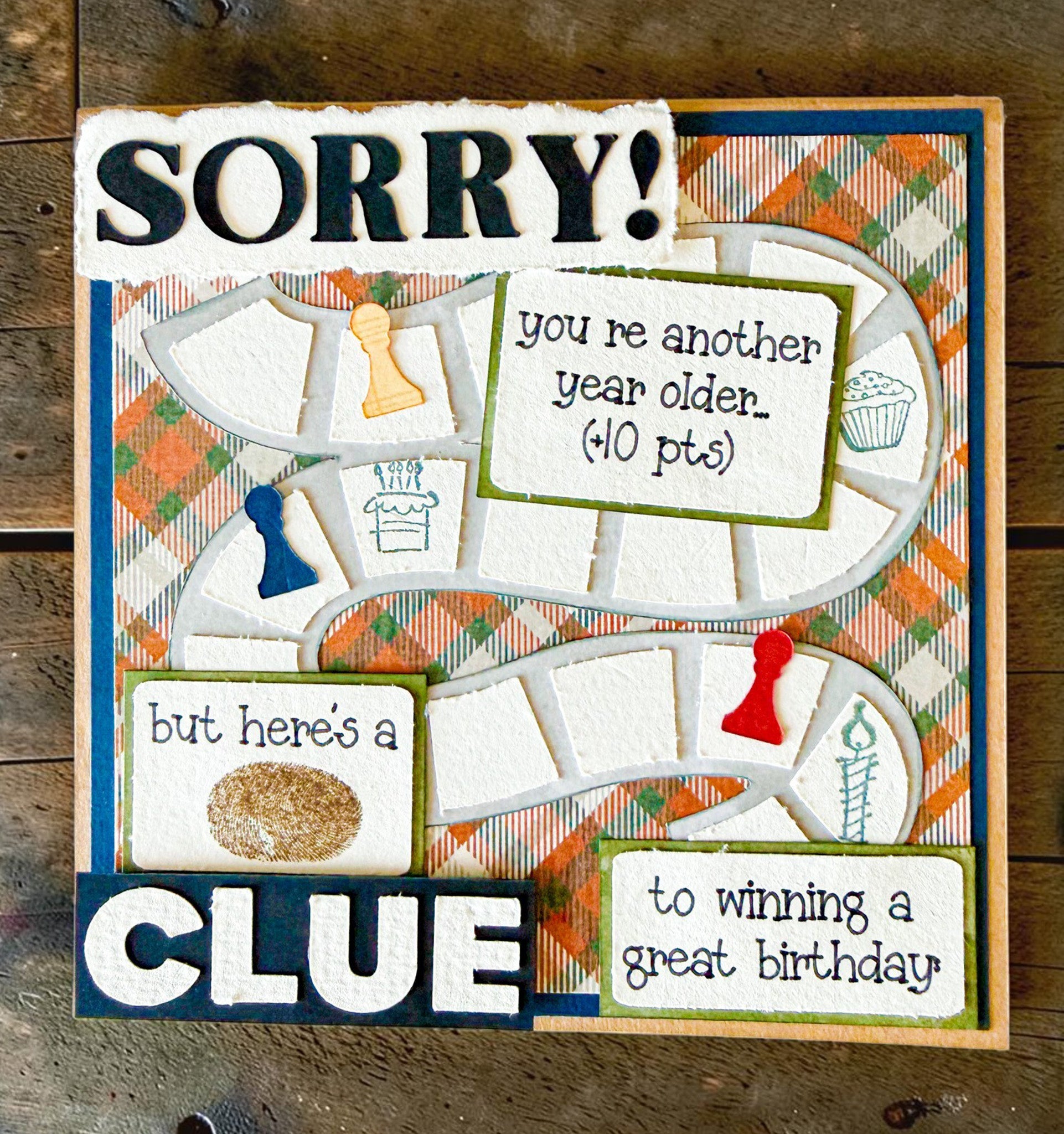 Farmhouse Whimsy board game birthday greeting card featuring colorful game pieces and playful design for special celebrations.