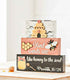 Farmhouse Whimsy Bumble Bee Tier Block Set for table top decor, featuring charming bee-themed wooden blocks with layered tiers.