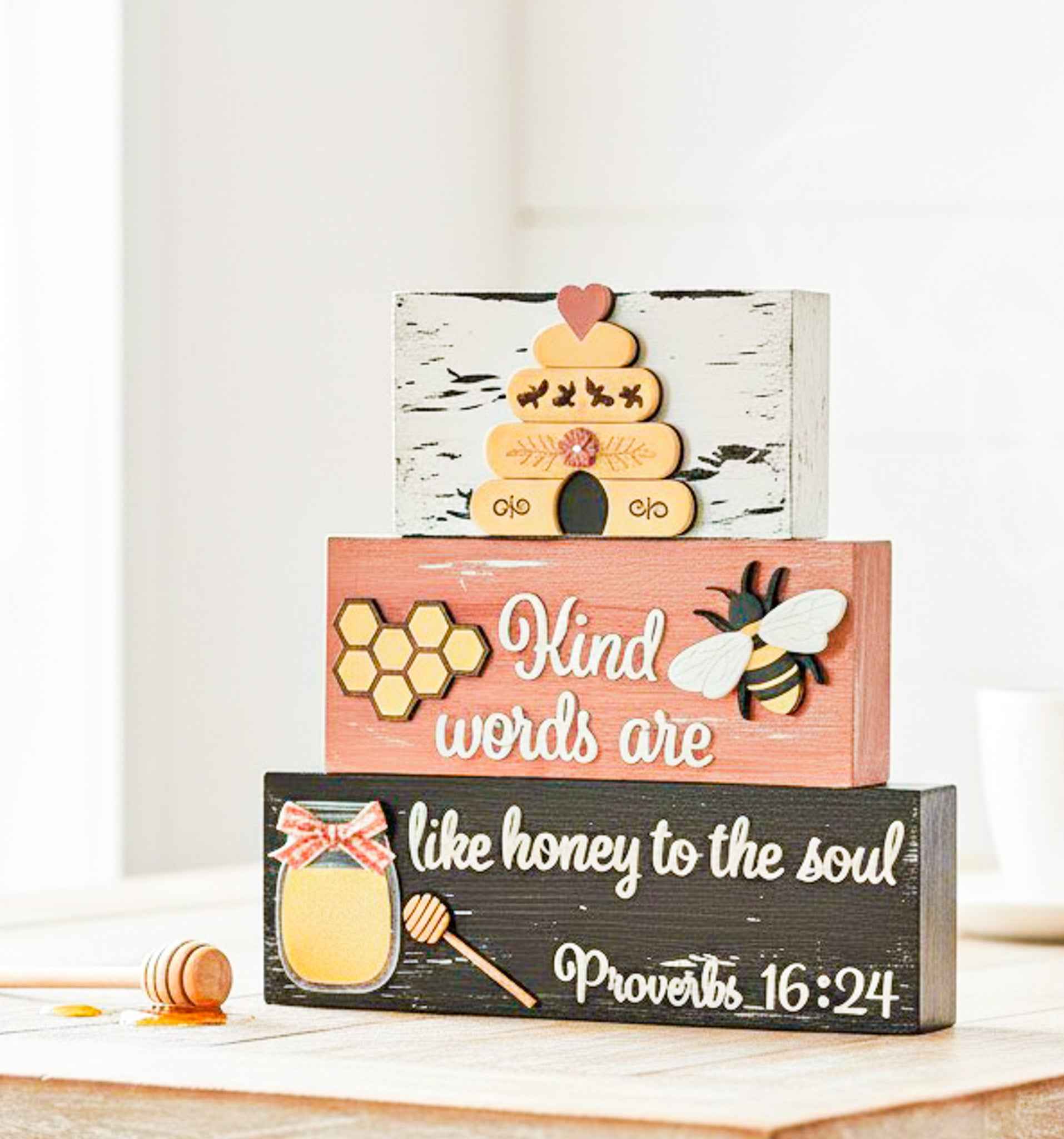 Farmhouse Whimsy Bumble Bee Tier Block Set for table top decor, featuring charming bee-themed wooden blocks with layered tiers.
