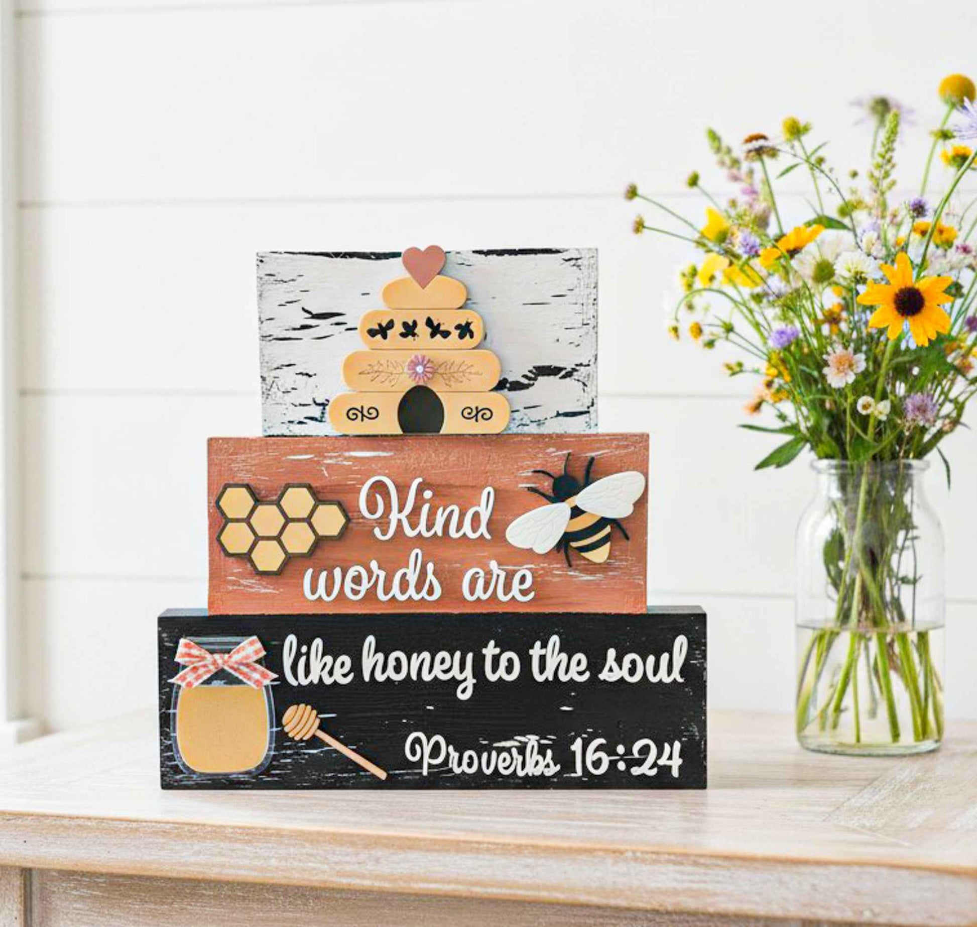 Farmhouse Whimsy Bumble Bee Tier Block Set, cheerful wooden table top decor with bee and honeycomb designs, natural finish.