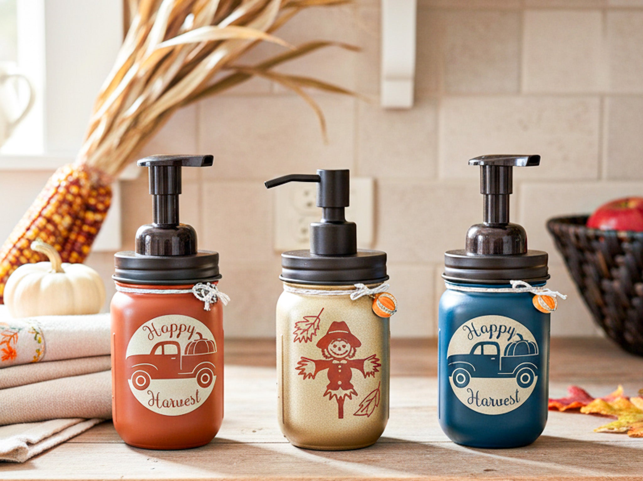 Fall Farmhouse Mason Jar Soap Dispensers front