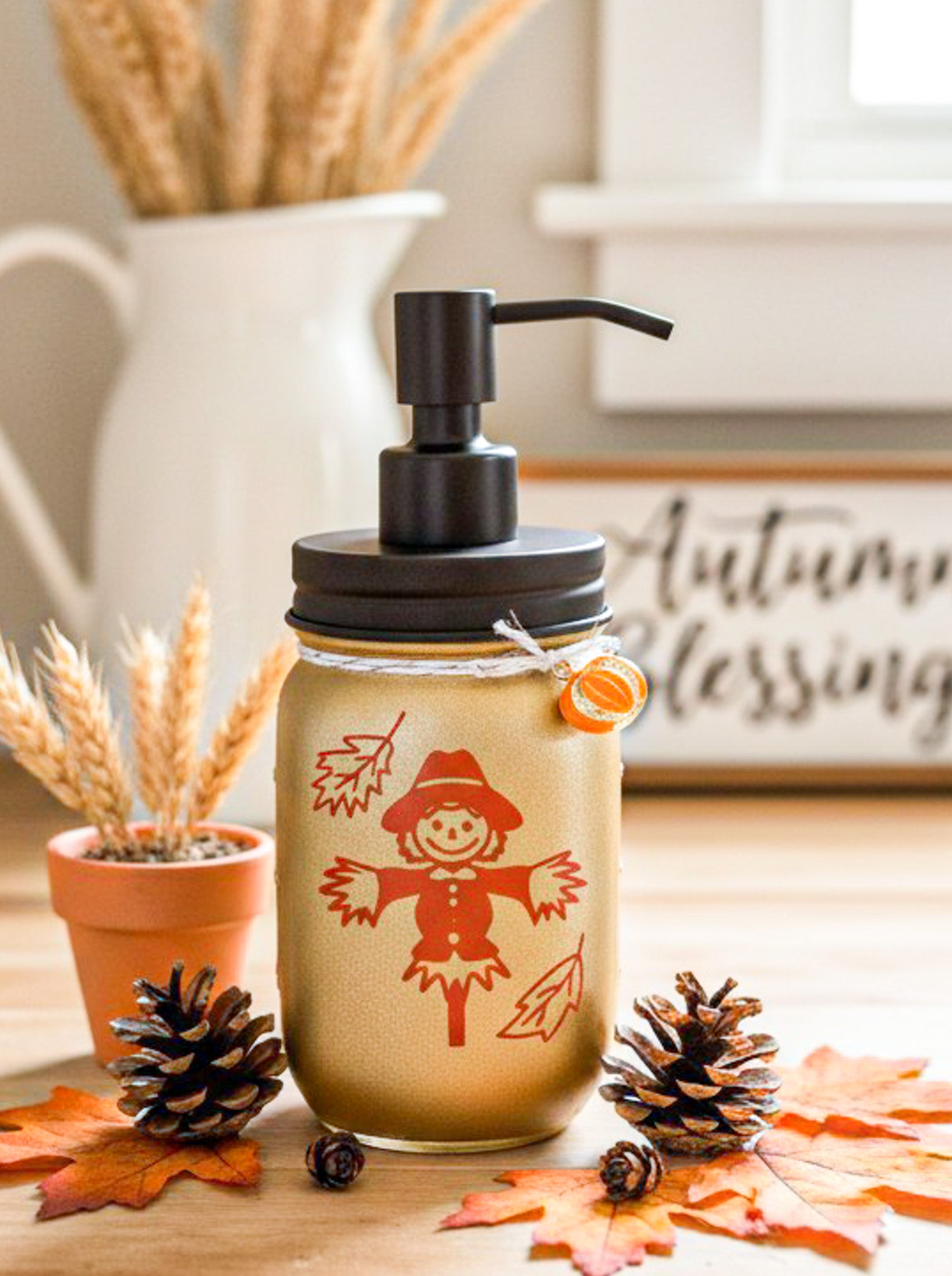 fall farmhouse mason jar soap dispenser gold front