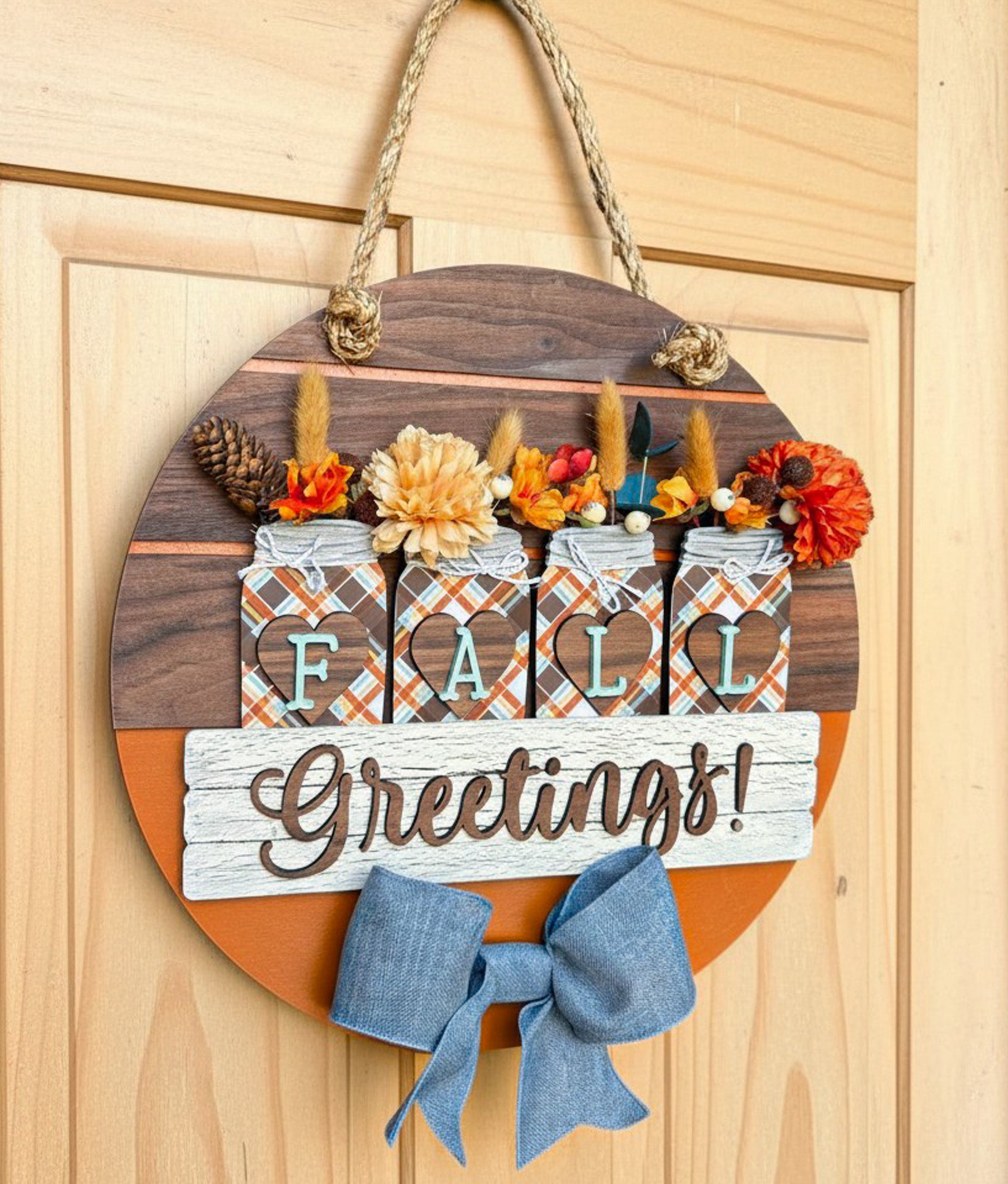 Farmhouse Whimsy Fall Greetings door sign with autumn-themed design, perfect for seasonal home decor.
