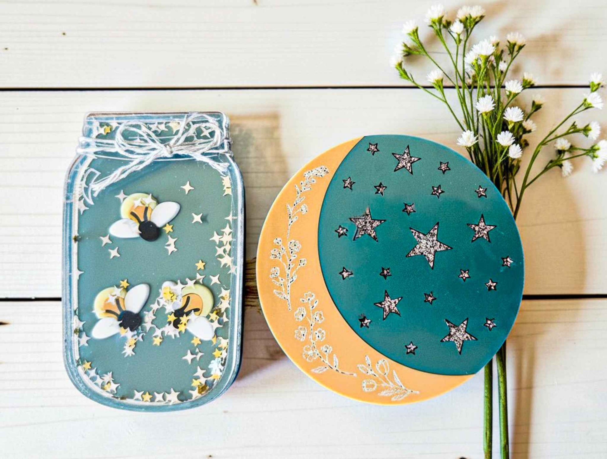 Set of Farmhouse Whimsy Firefly and moon magnets featuring mason jar design, perfect for fridge or magnetic surfaces.