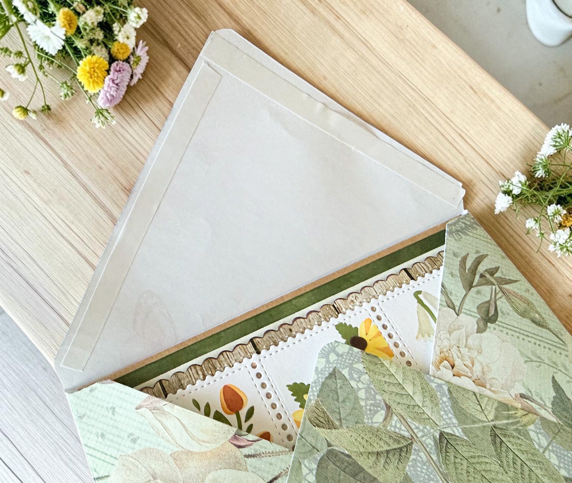Farmhouse Whimsy floral get well soon greeting card with colorful flower illustrations and a folded flap design.