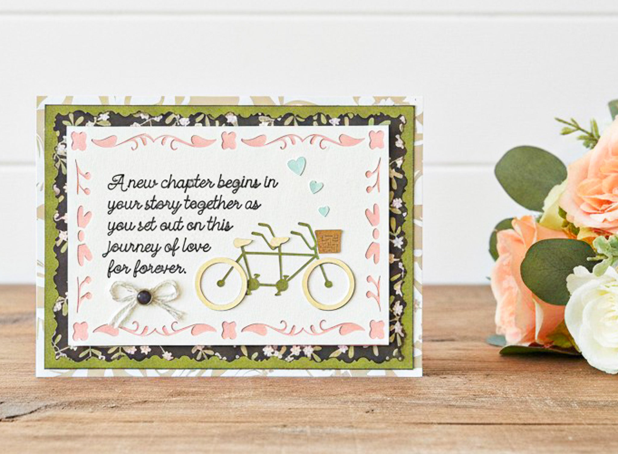 Farmhouse Whimsy bicycle wedding greeting card with illustrated bicycle and floral accents on white background.