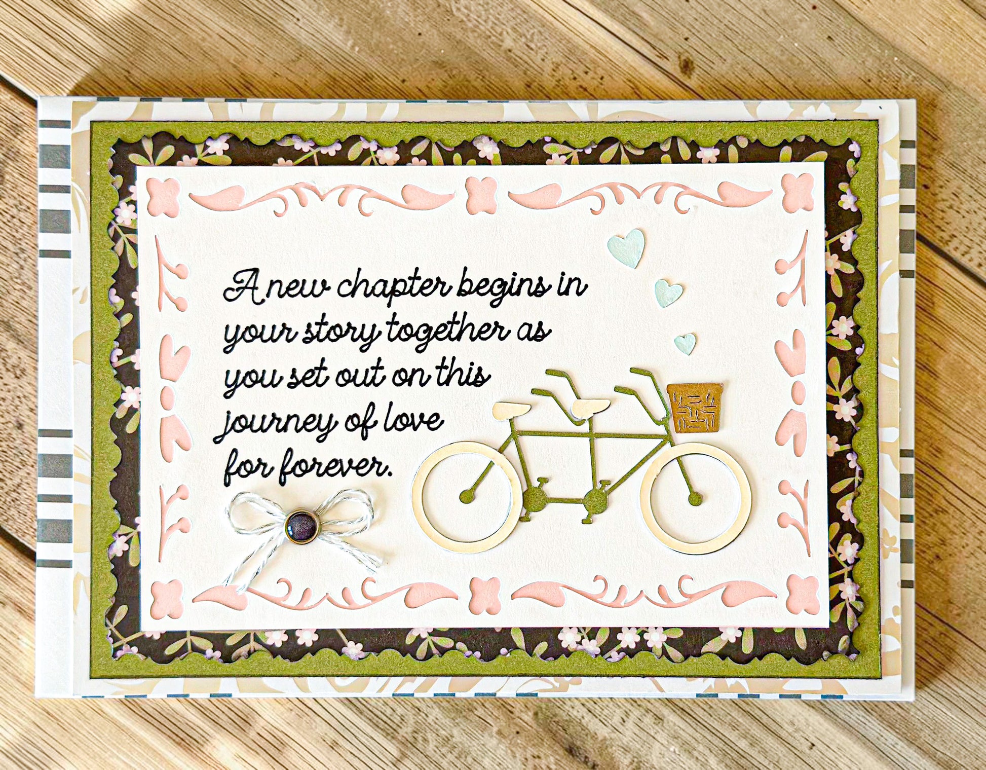 Farmhouse Whimsy bicycle-themed wedding greeting card featuring a charming illustration of a bicycle with wedding embellishments.