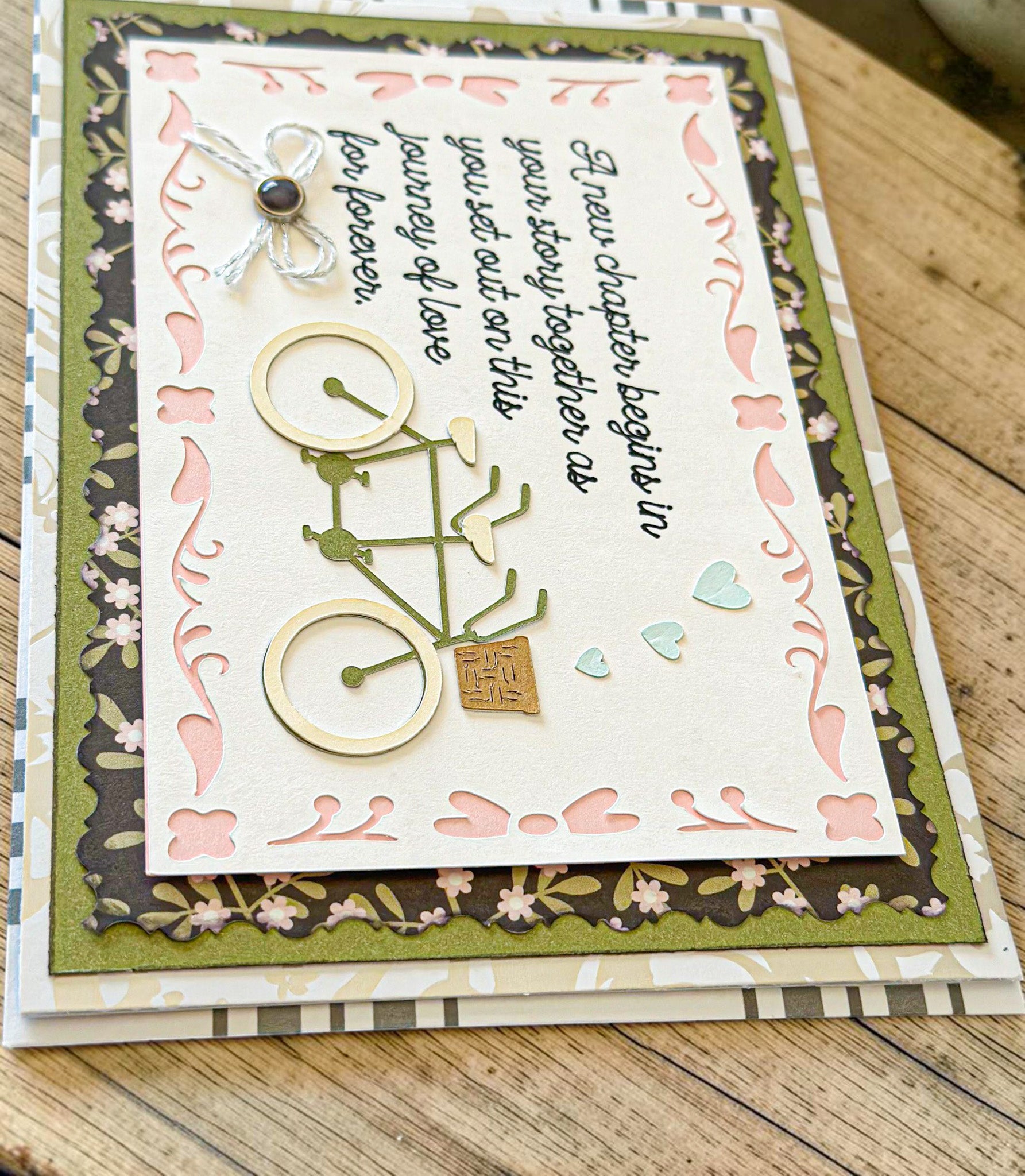 Farmhouse Whimsy bicycle-themed wedding greeting card featuring vintage bicycle illustration on high-quality cardstock.