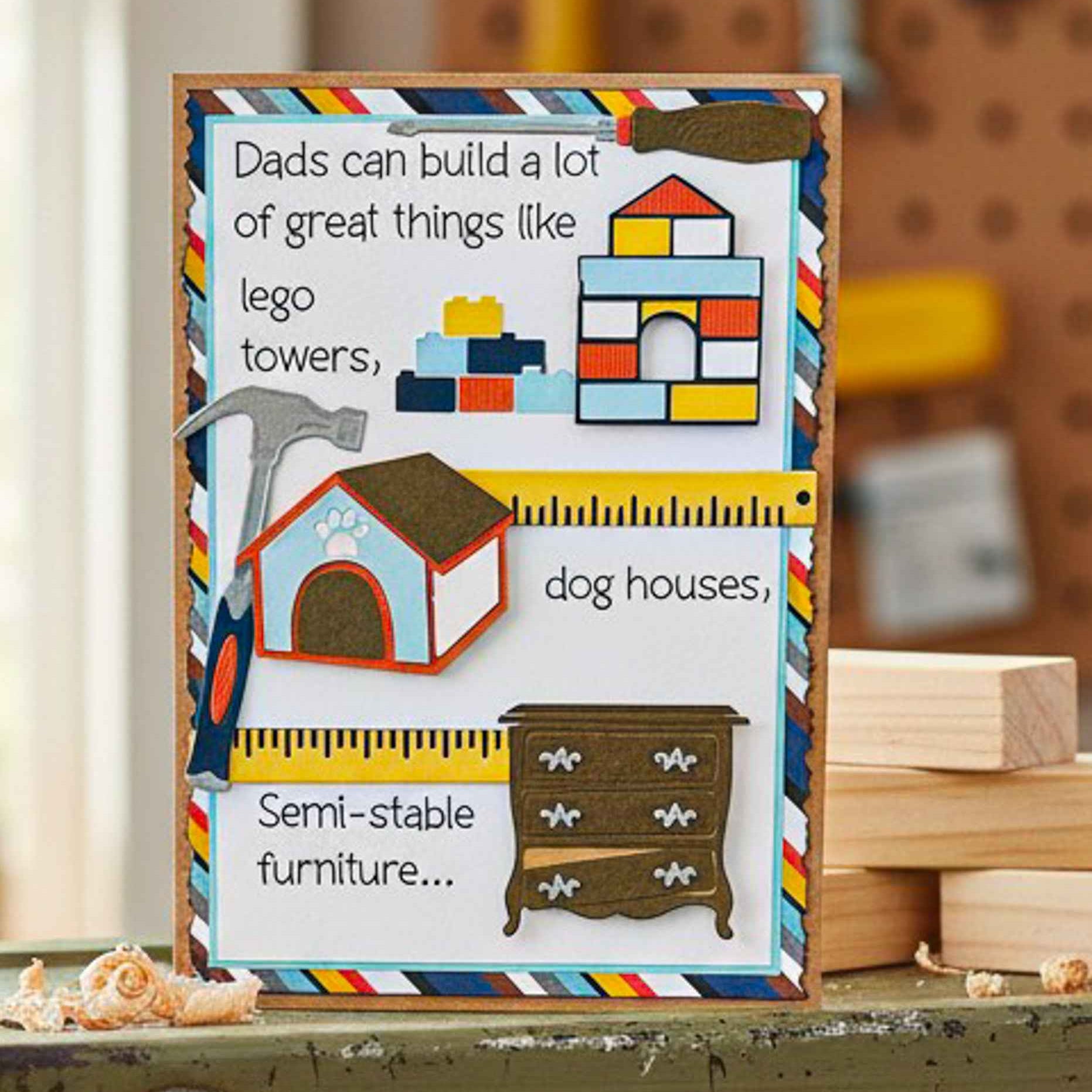 Farmhouse Whimsy Father's Day Builder Card with colorful, handcrafted design and playful construction-themed illustrations.