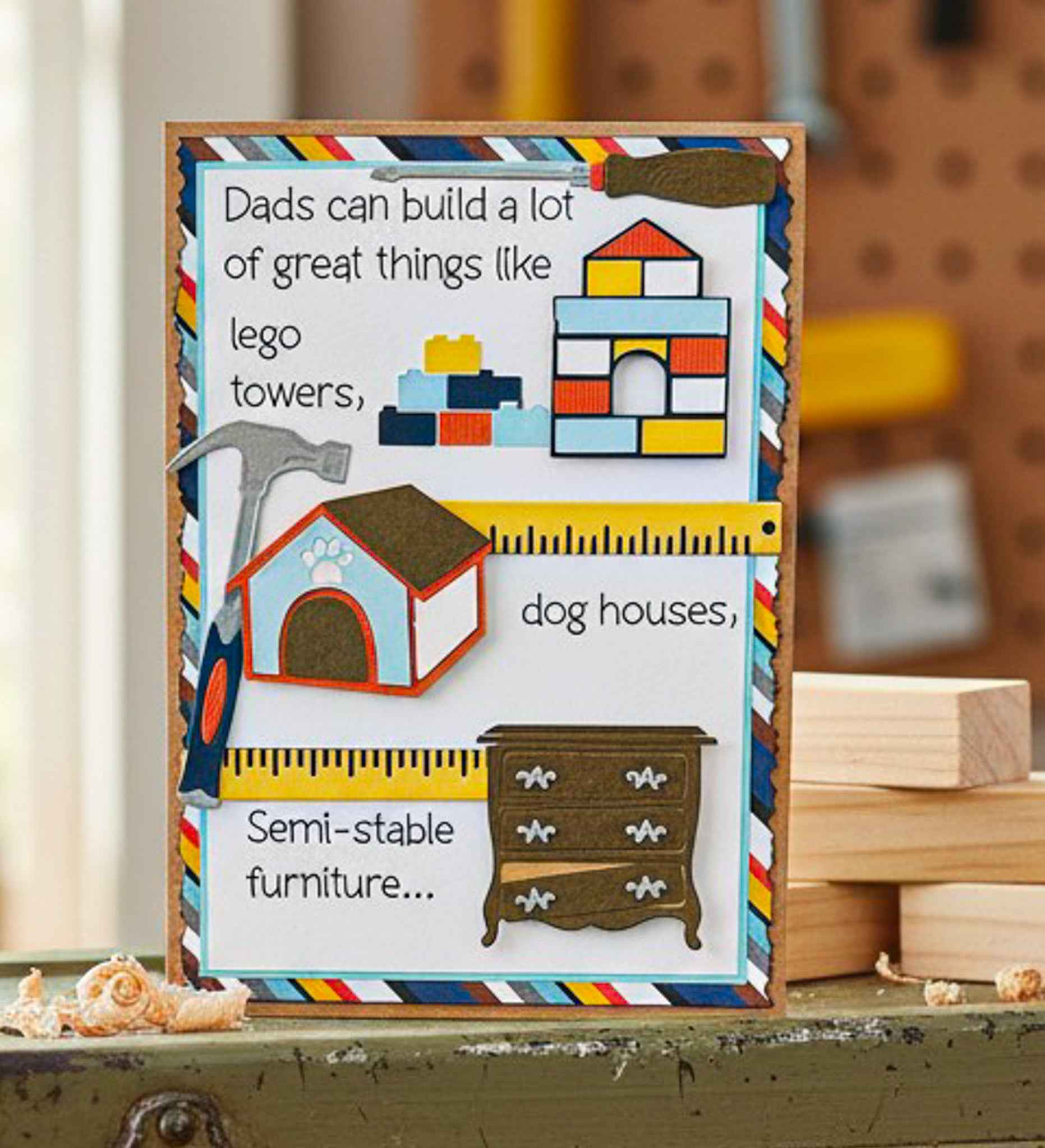 Farmhouse Whimsy Father's Day Builder Card with colorful, handcrafted design and playful construction-themed illustrations.