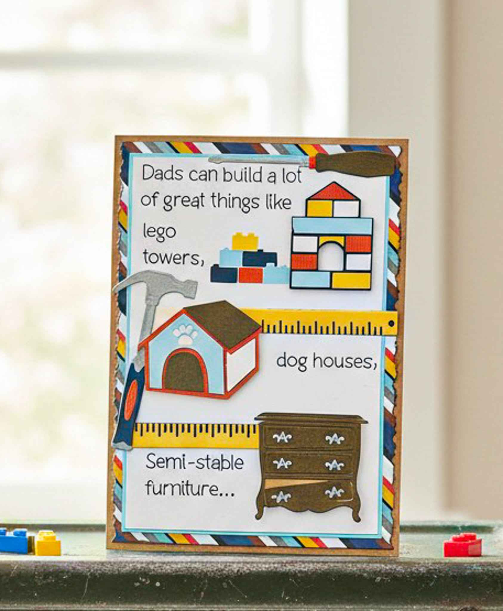 Farmhouse Whimsy Father's Day Builder Card featuring colorful construction-themed illustrations on a greeting card.