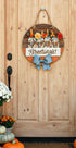 Fall Greetings door sign by Farmhouse Whimsy with autumn-themed design and welcoming message for front door decor.