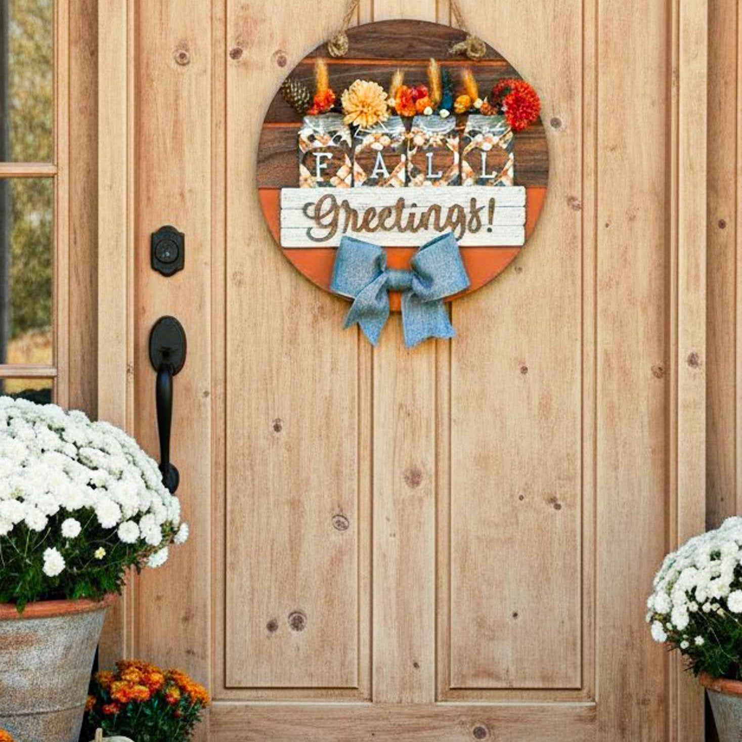 Fall Greetings door sign by Farmhouse Whimsy with autumn-themed design and welcoming message for front door decor.