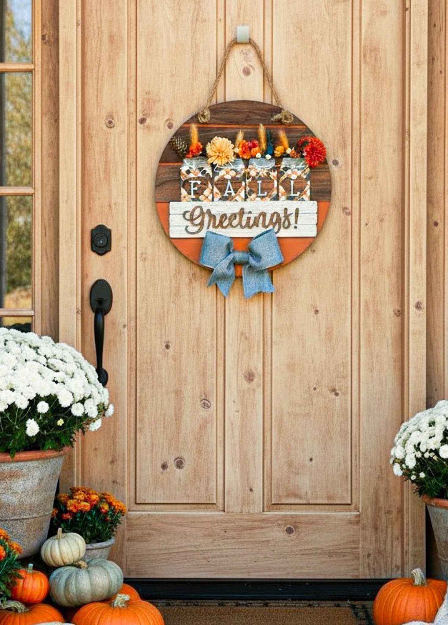 Fall Greetings door sign by Farmhouse Whimsy with autumn-themed design and welcoming message for front door decor.