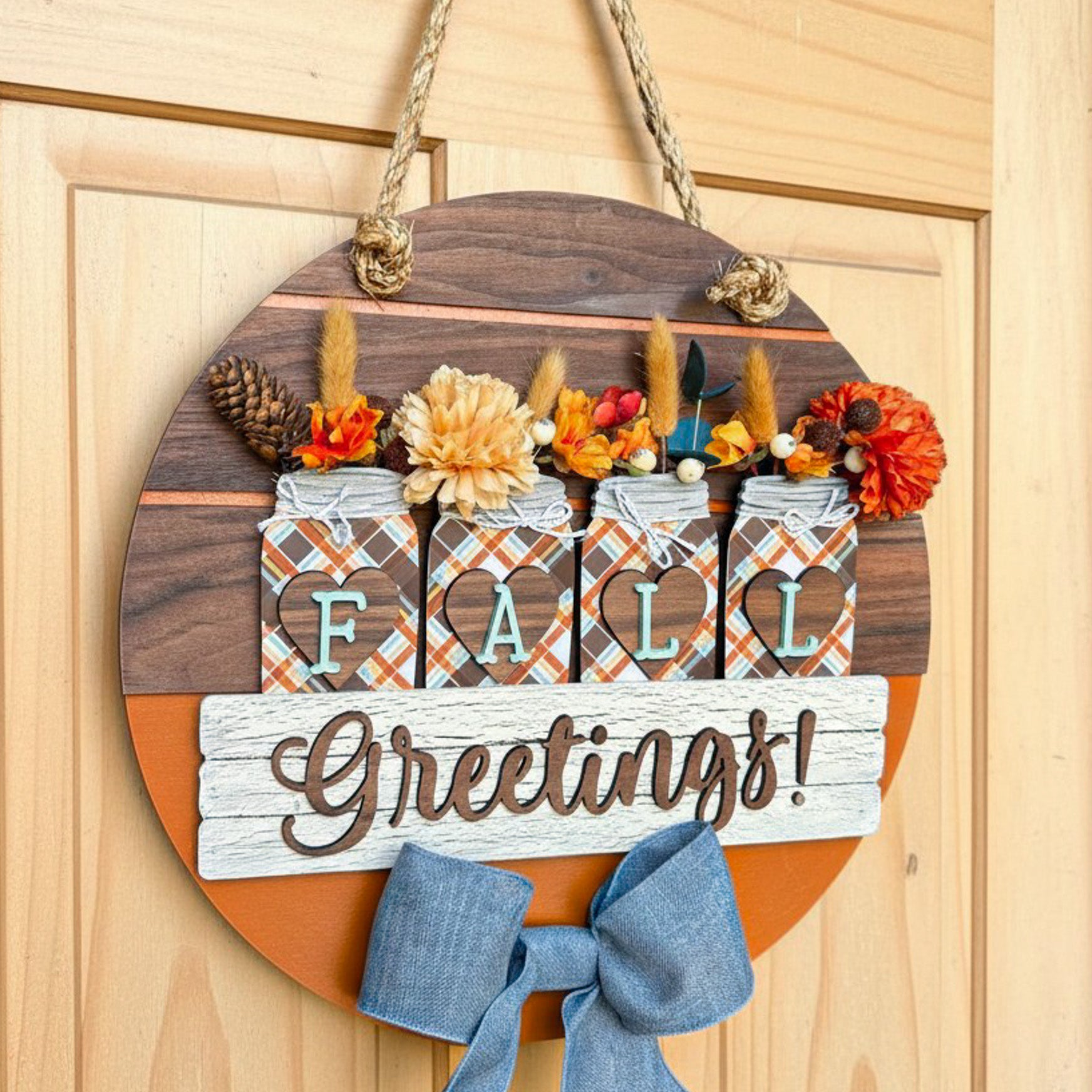 Farmhouse Whimsy Fall Greetings door sign with autumn-themed design, perfect for welcoming guests to your home.