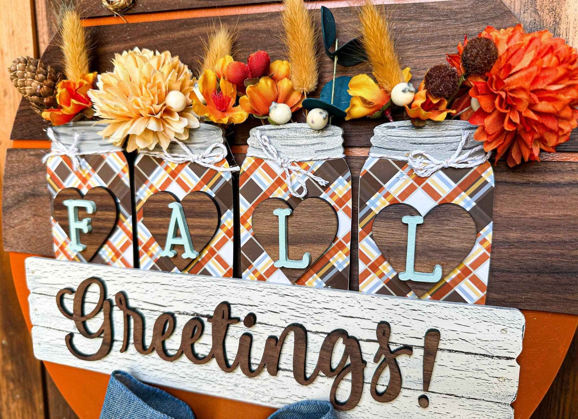 Farmhouse Whimsy Fall Greetings door sign with autumn-themed design and warm colors, perfect for seasonal home decor.