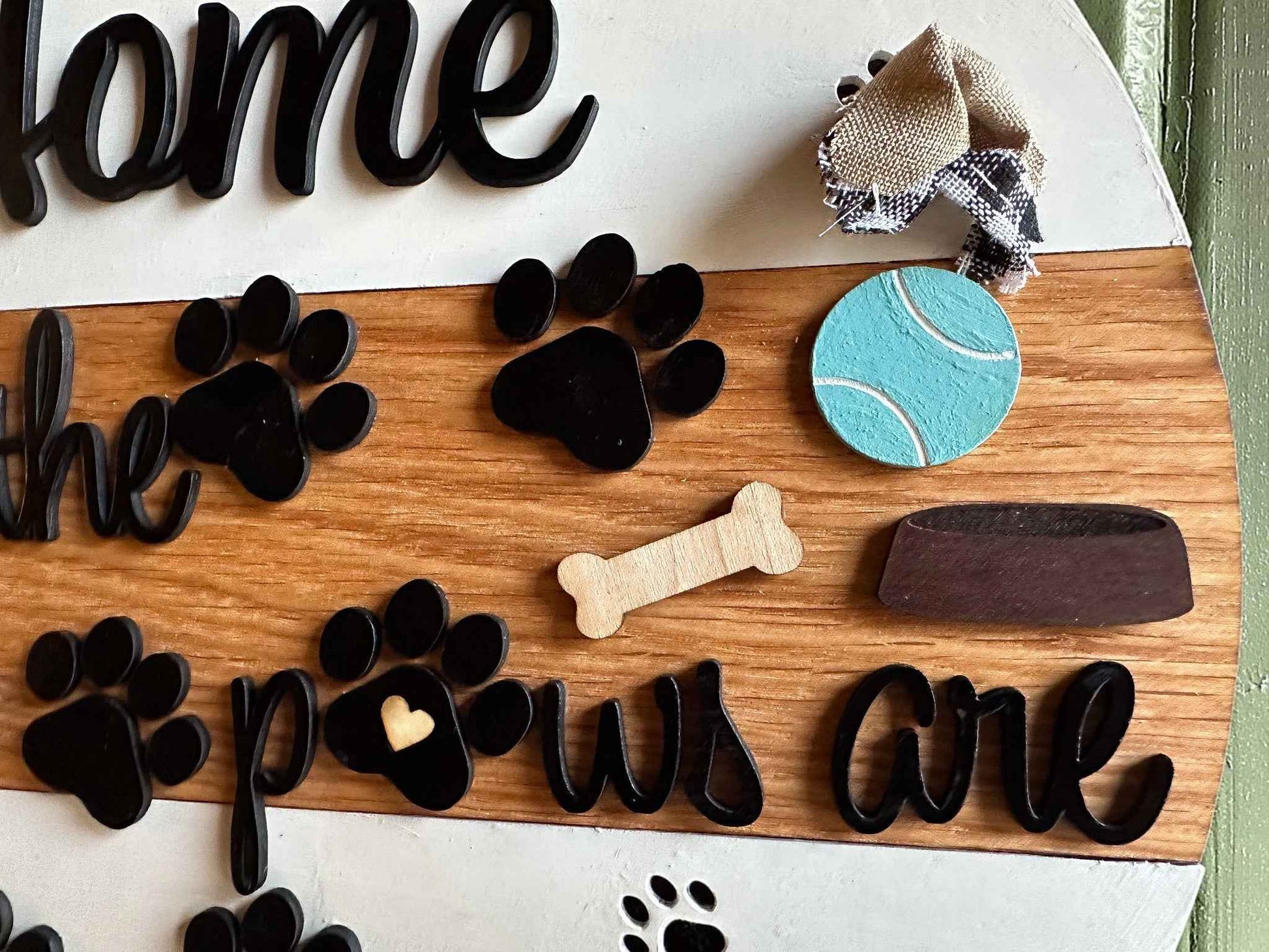 Wooden pet paws farmhouse door sign with rustic design, featuring paw print illustrations and "Farmhouse Whimsy" branding.