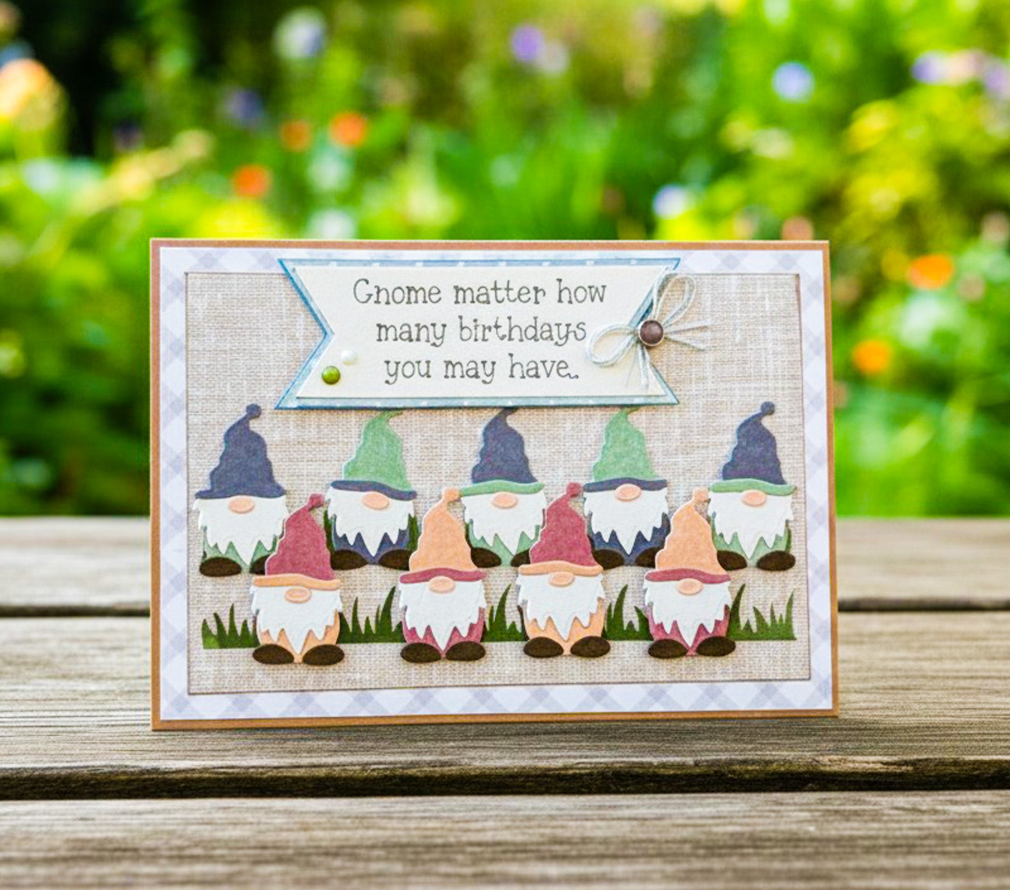 Farmhouse Whimsy garden gnome birthday greeting card featuring a whimsical gnome illustration on a cheerful card.