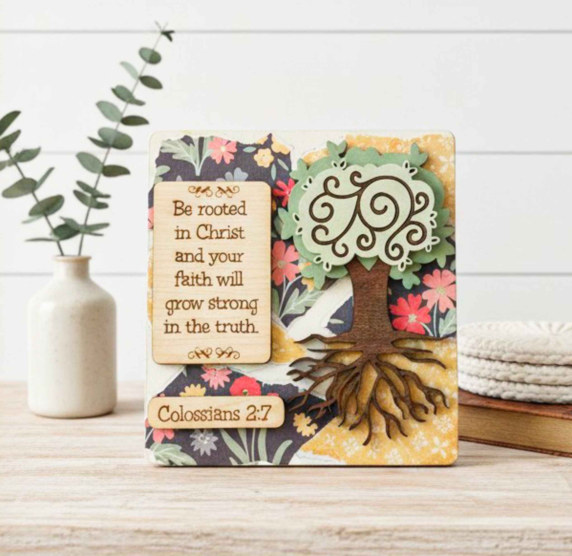 Farmhouse Whimsy Tree Roots Mini Table Top Sign, rustic decor with a natural wood design, ideal for farmhouse-style interior decoration.