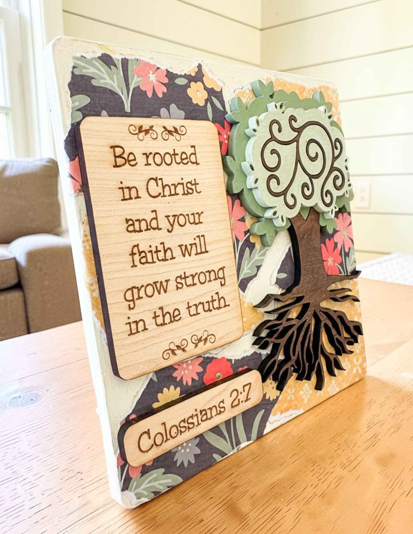 Farmhouse Whimsy Tree Roots Mini Table Top Sign showing a rustic wooden sign with tree root design for home decor.