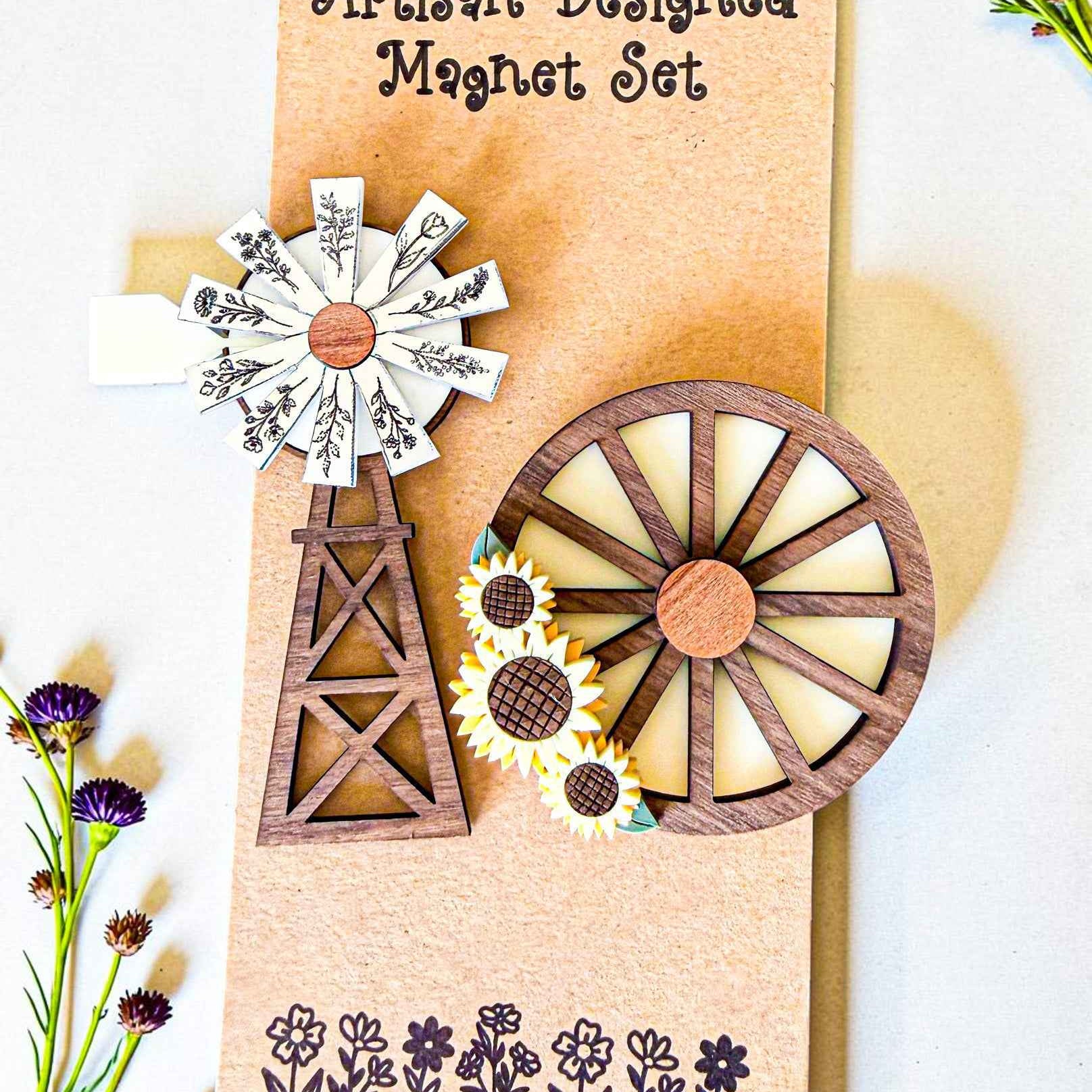Farmhouse Whimsy Windmill and wagon wheel magnet set featuring detailed metal designs for farmhouse decor.