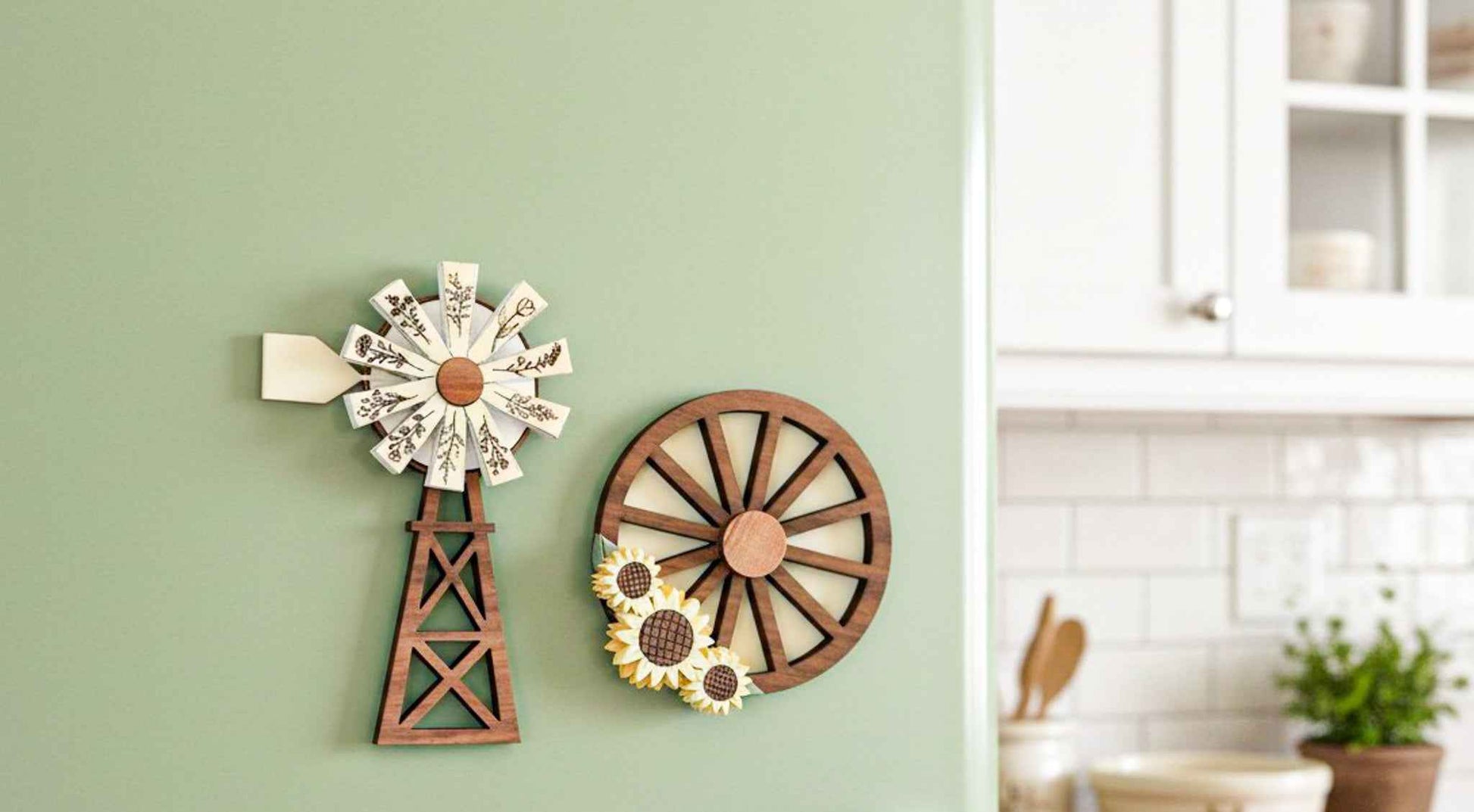 Farmhouse Whimsy windmill and wagon wheel magnet set attached to a fridge door. Rustic style farmhouse decor magnets.