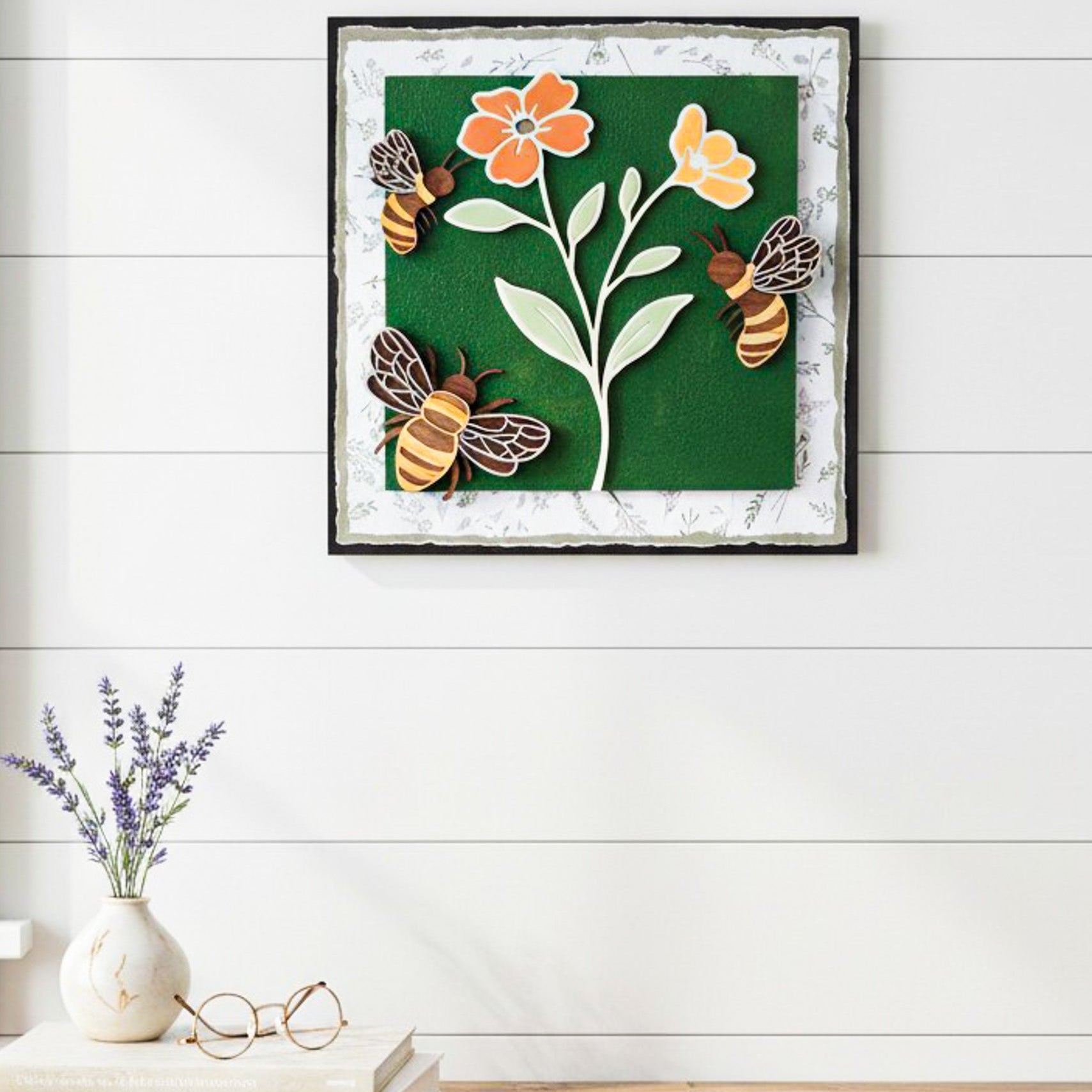 Set of three farmhouse-style Bumble Bee Wall Art pieces by Farmhouse Whimsy featuring bee illustrations on wooden plaques.