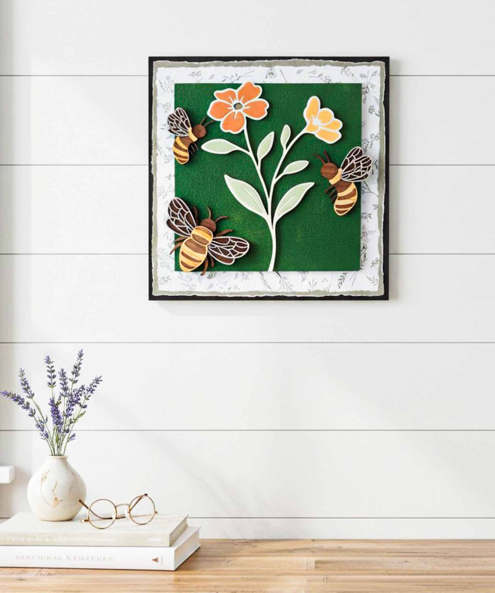 Farmhouse Whimsy Bumble Bee Wall Art Set featuring charming bee illustrations on rustic wood backgrounds.