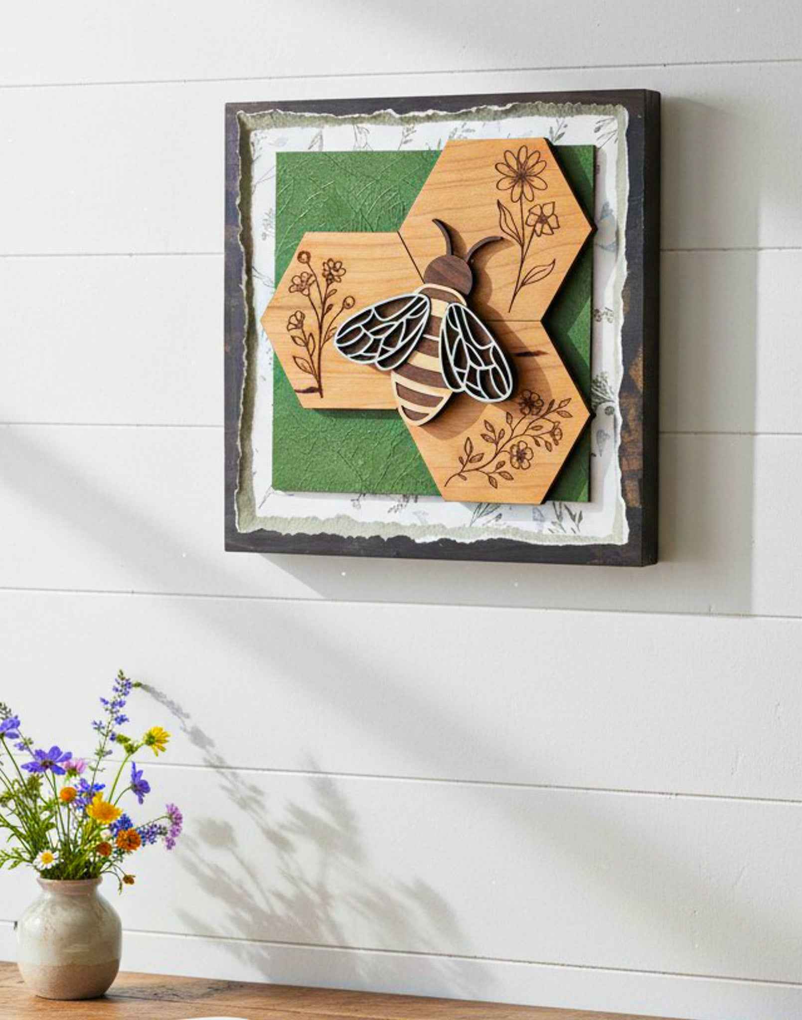 Farmhouse Whimsy Bumble Bee Wall Art Set featuring charming bee illustrations on rustic wooden panels for home decor.