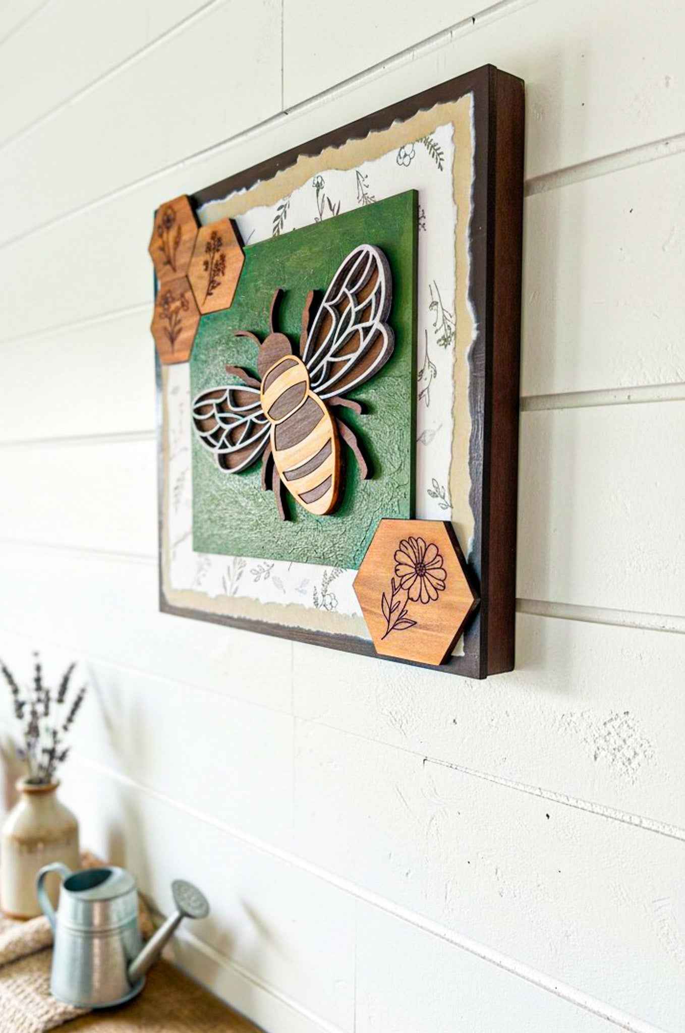 Farmhouse Whimsy Bumble Bee Wall Art Set featuring colorful bee illustrations on rustic wooden panels.