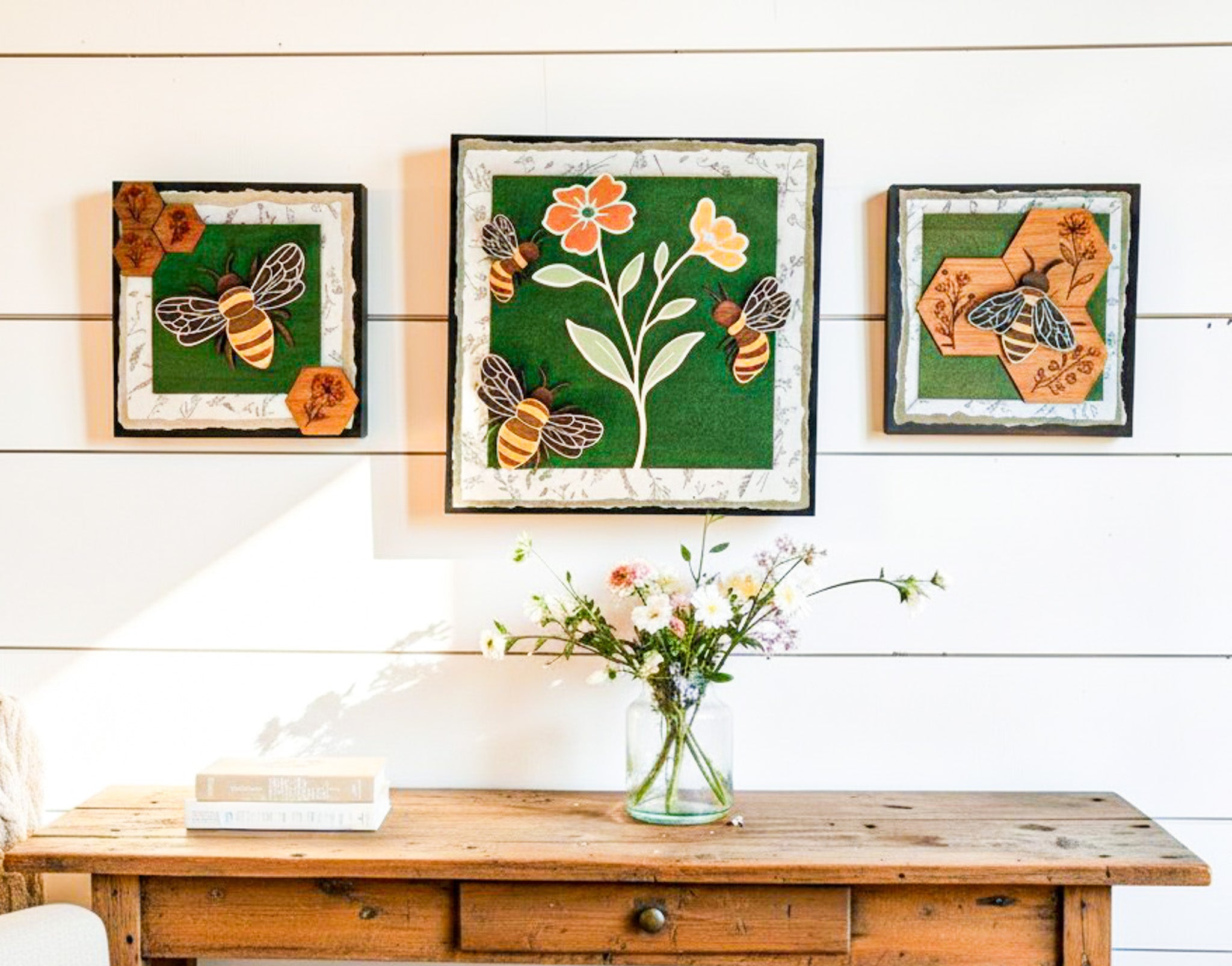 Set of farmhouse Bumble Bee Wall Art featuring cheerful bee illustrations on wooden plaques for rustic home decor.