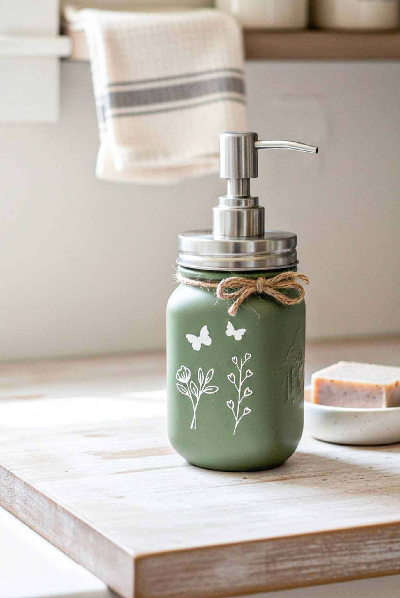 Farmhouse Whimsy butterfly mason jar soap dispenser with peach liquid soap and pump, decorative and functional soap jar.
