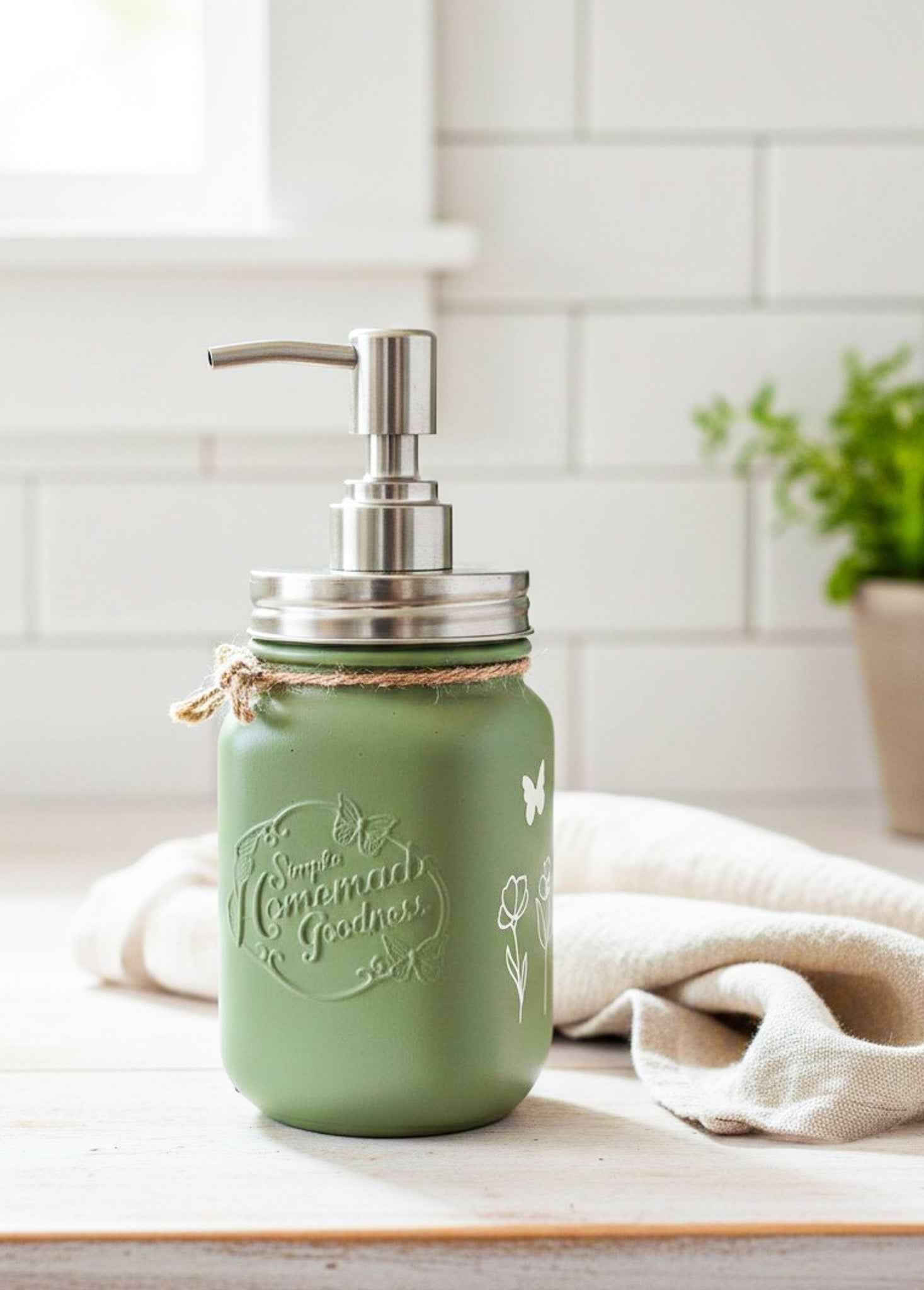 Farmhouse Whimsy butterfly mason jar soap dispenser with peach-colored liquid soap and pump, decorative farmhouse-style soap jar