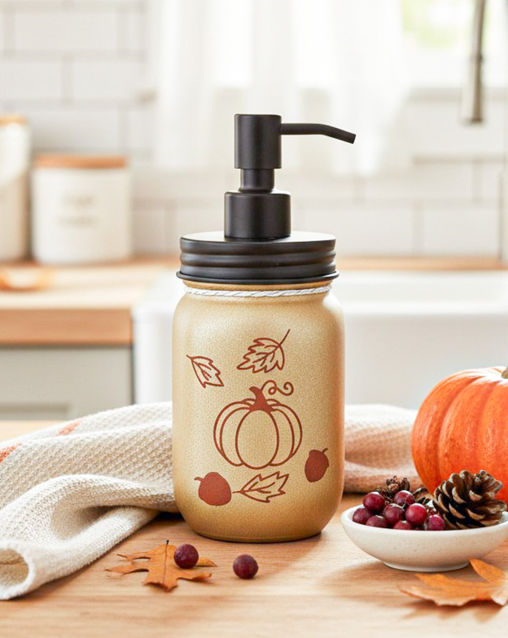 fall farmhouse mason jar soap dispenser gold back