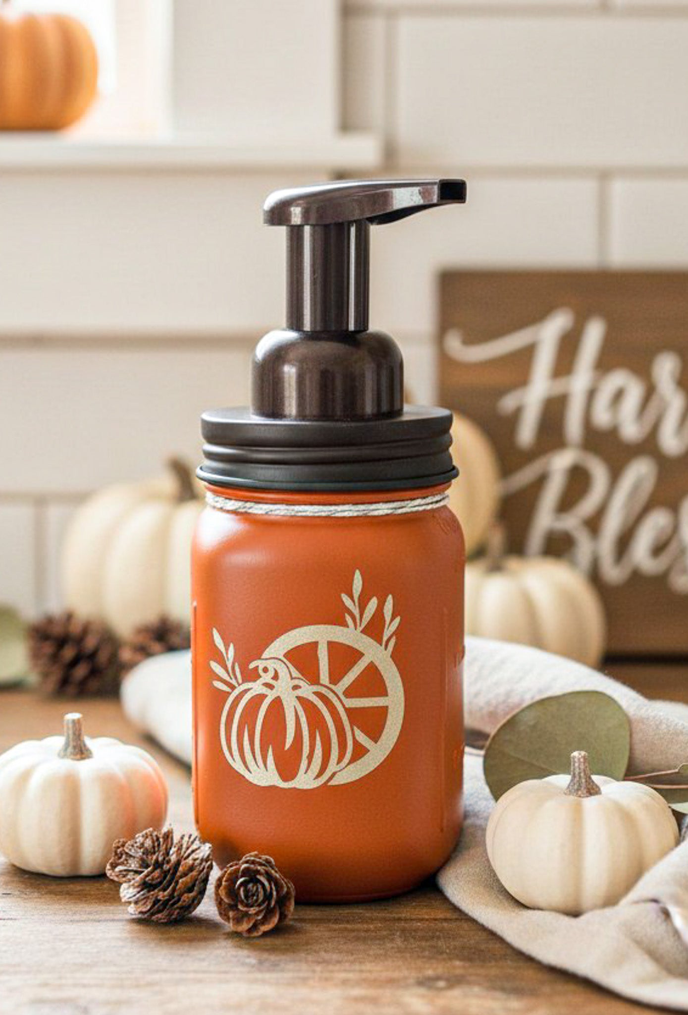 fall farmhouse mason jar soap dispenser cinnamon back