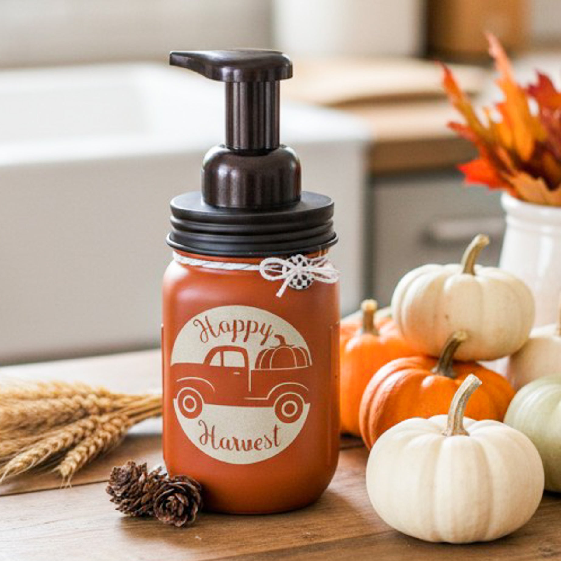 fall farmhouse mason jar soap dispenser cinnamon front