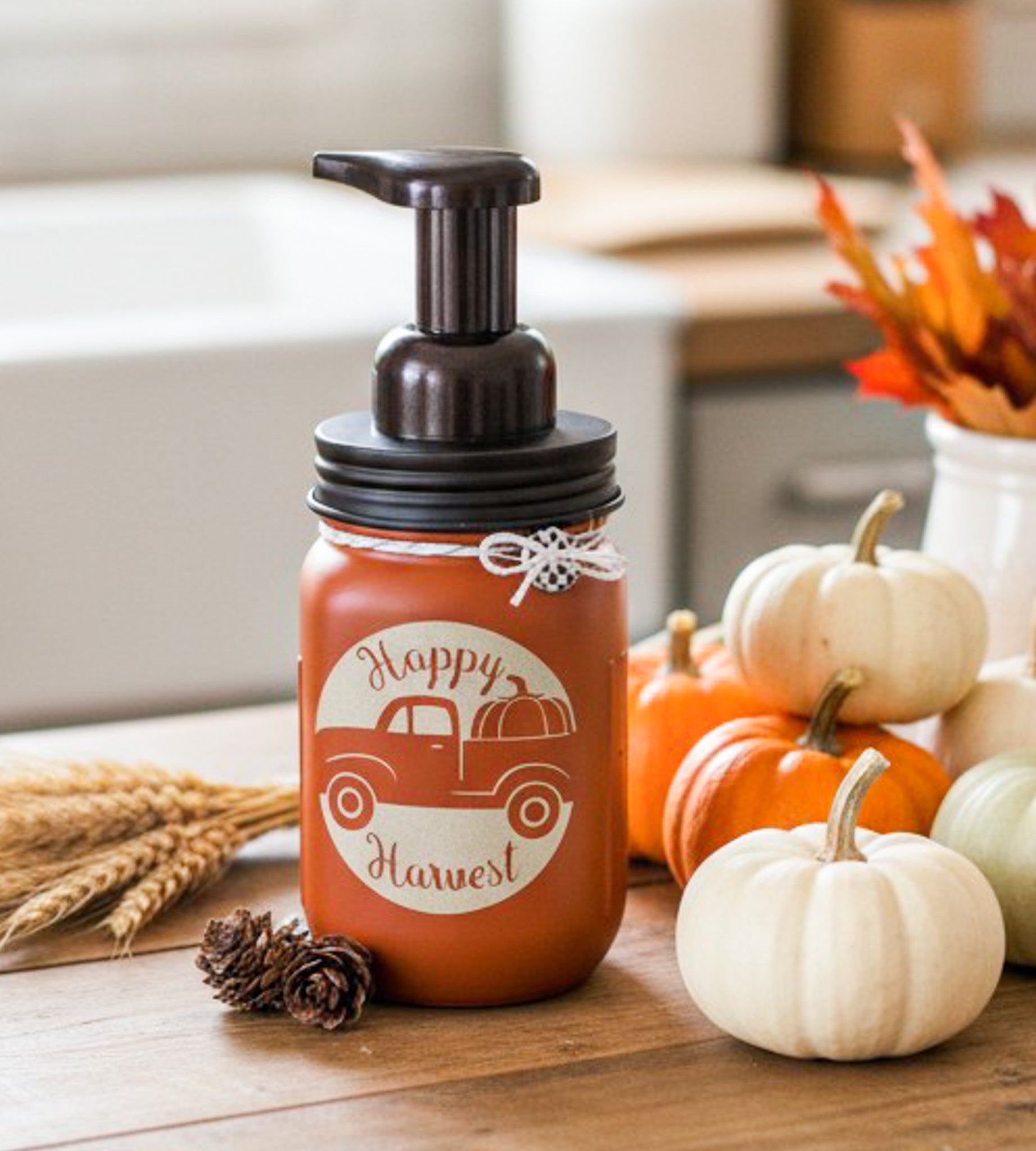 fall farmhouse mason jar soap dispenser cinnamon front