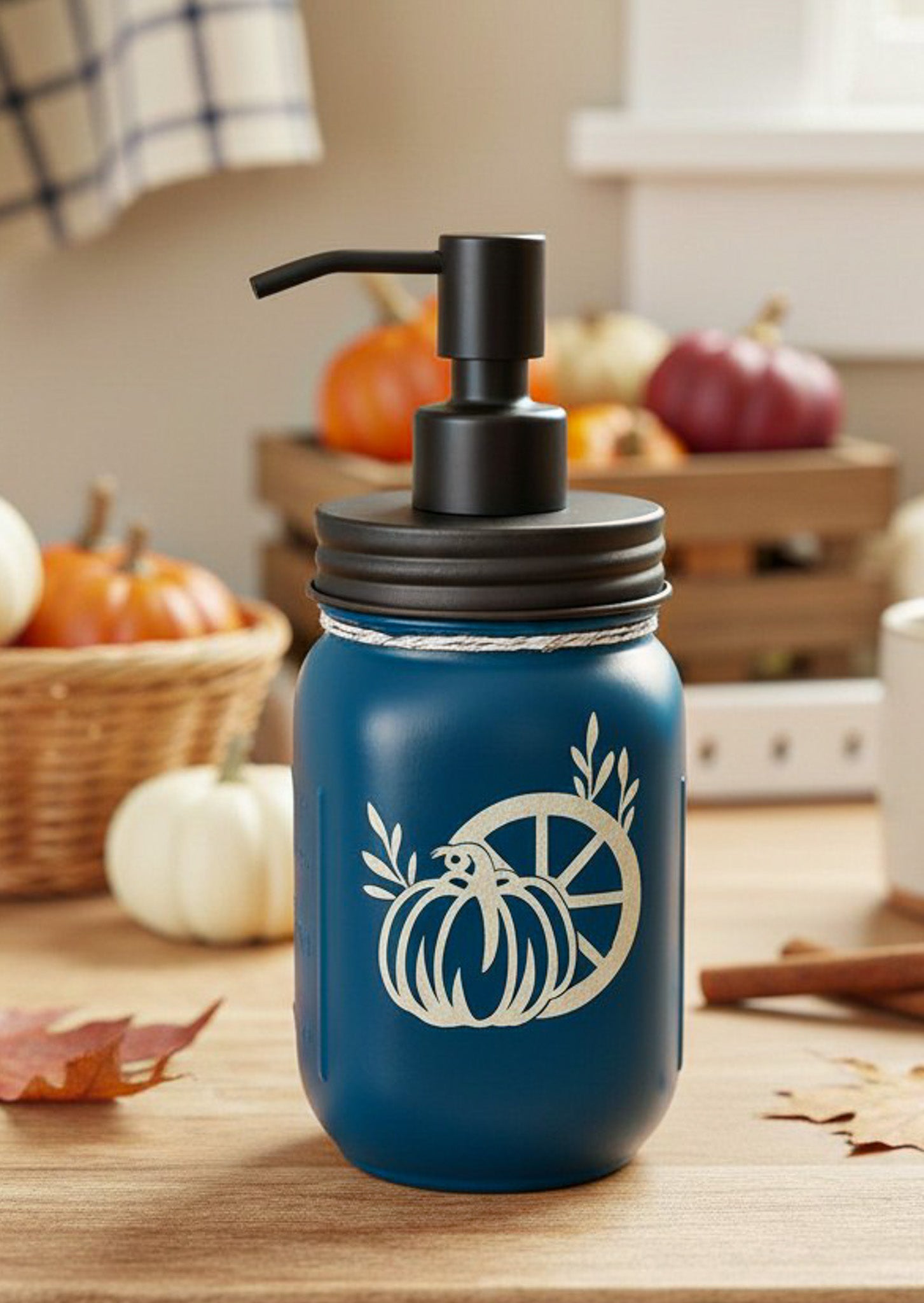 fall farmhouse mason jar soap dispenser dark teal back