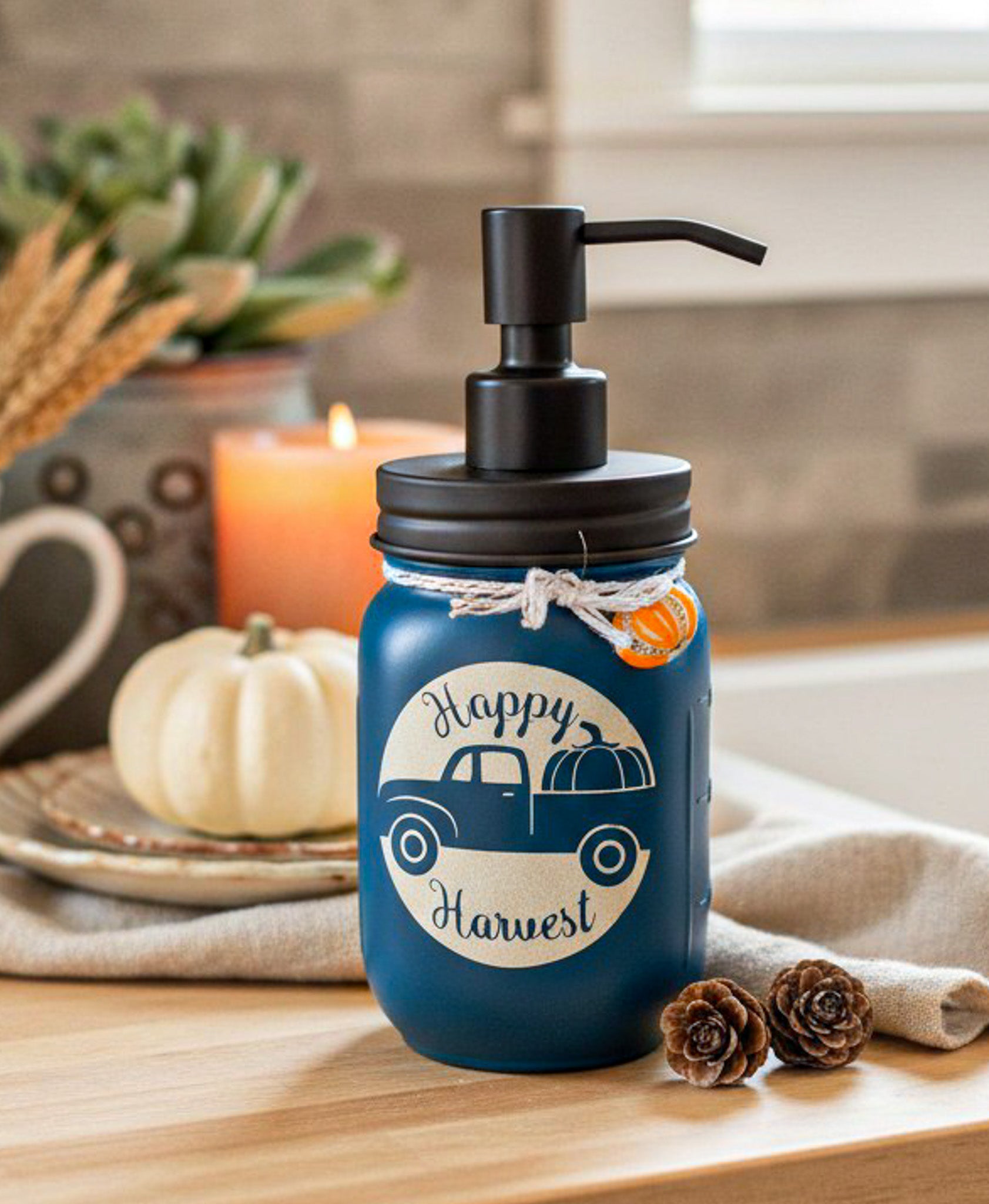 fall farmhouse mason jar soap dispenser dark teal front