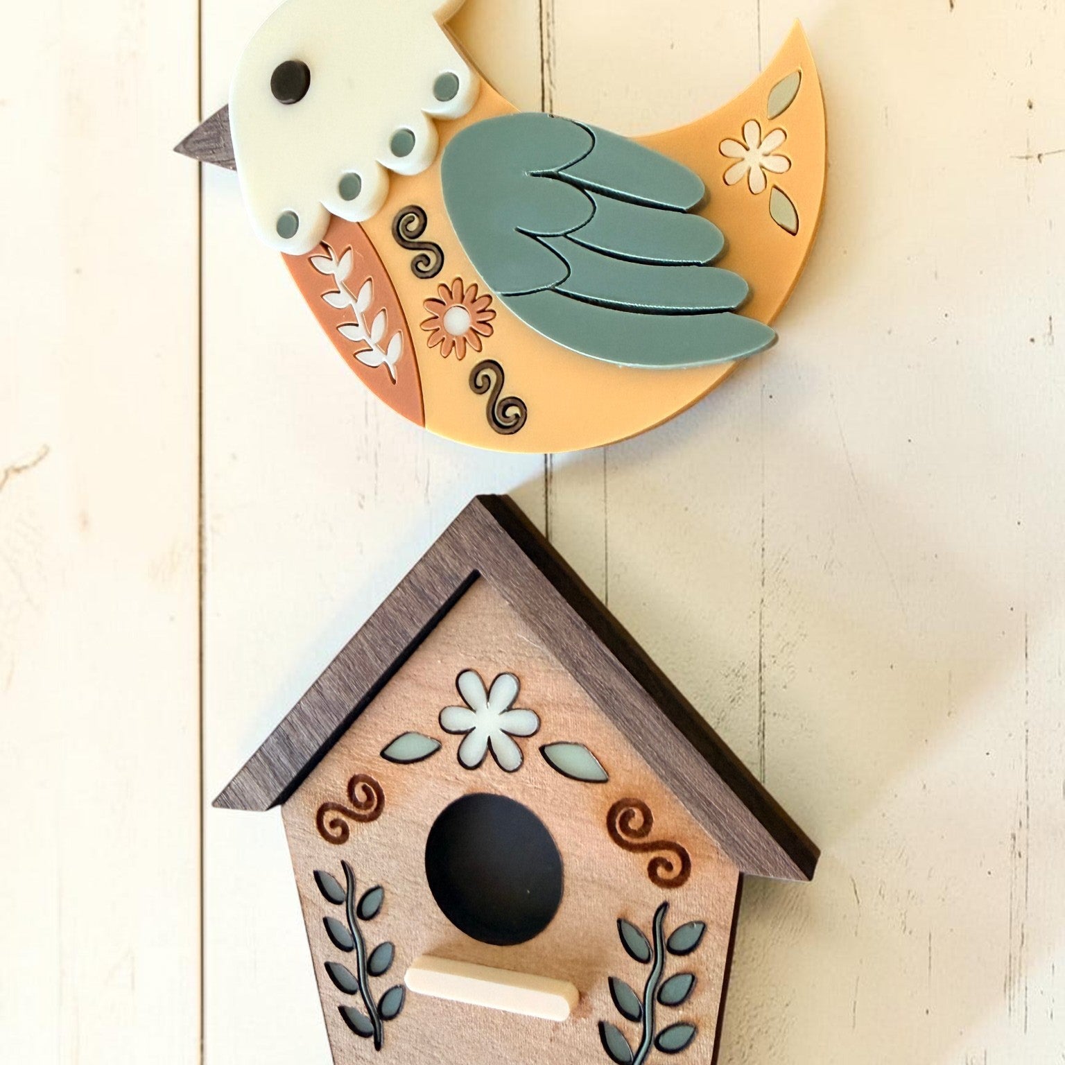 Farmhouse Whimsy magnet set featuring bird and birdhouse designs on decorative metal magnets.