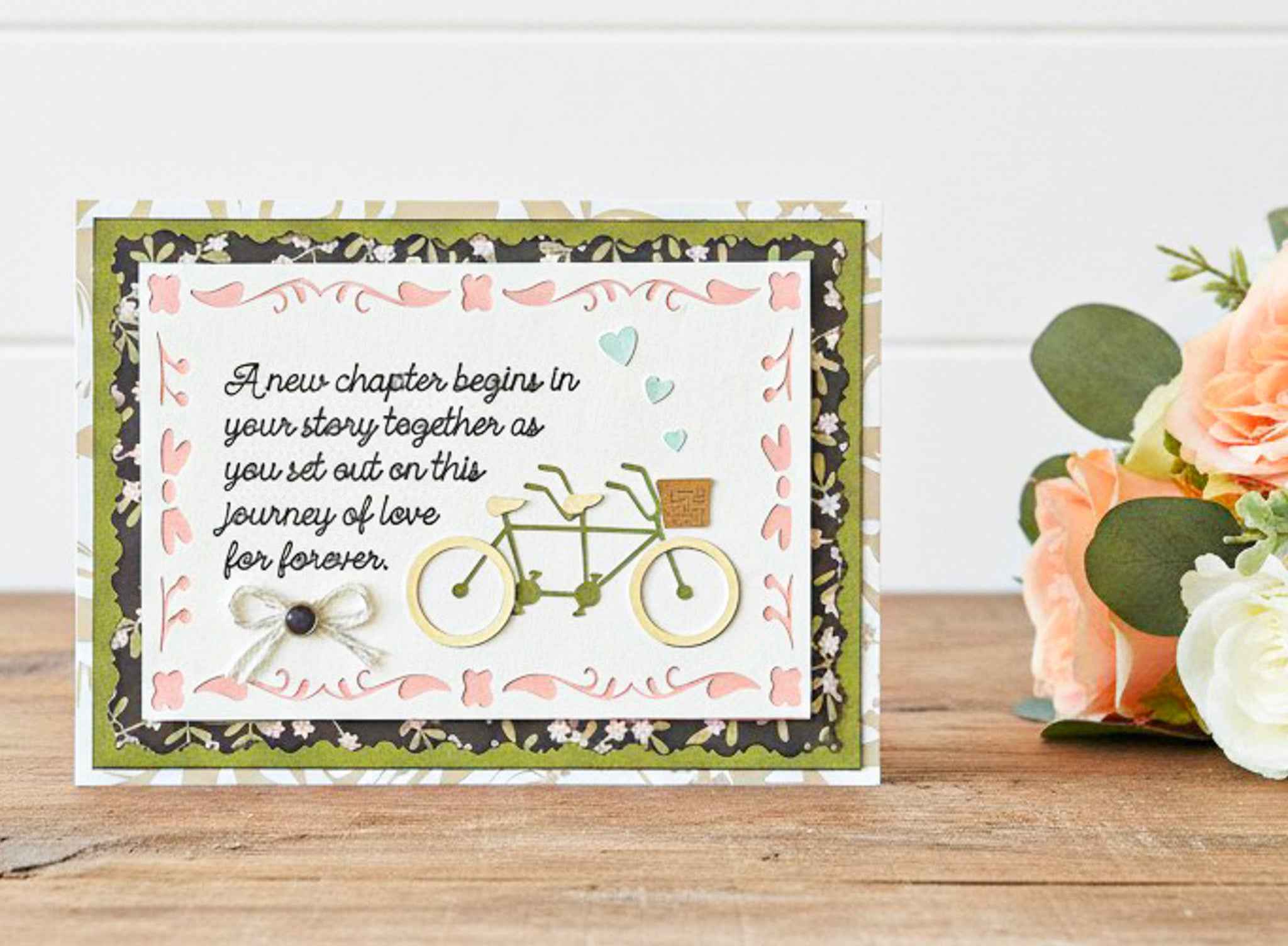 Farmhouse Whimsy bicycle wedding greeting card featuring a vintage bicycle illustration perfect for wedding celebrations.