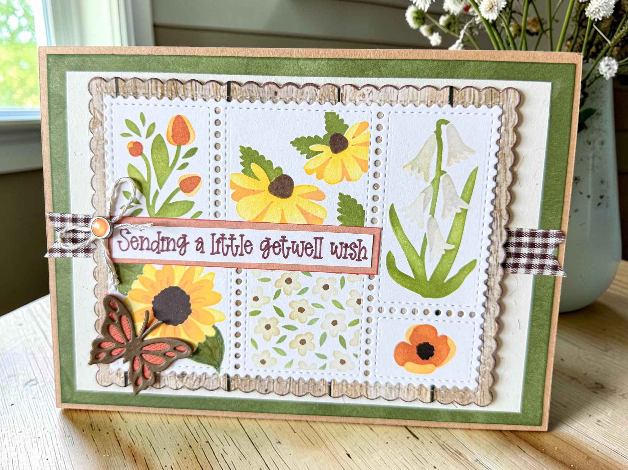 Farmhouse Whimsy floral get well soon greeting card with colorful floral design and uplifting message for well wishes.