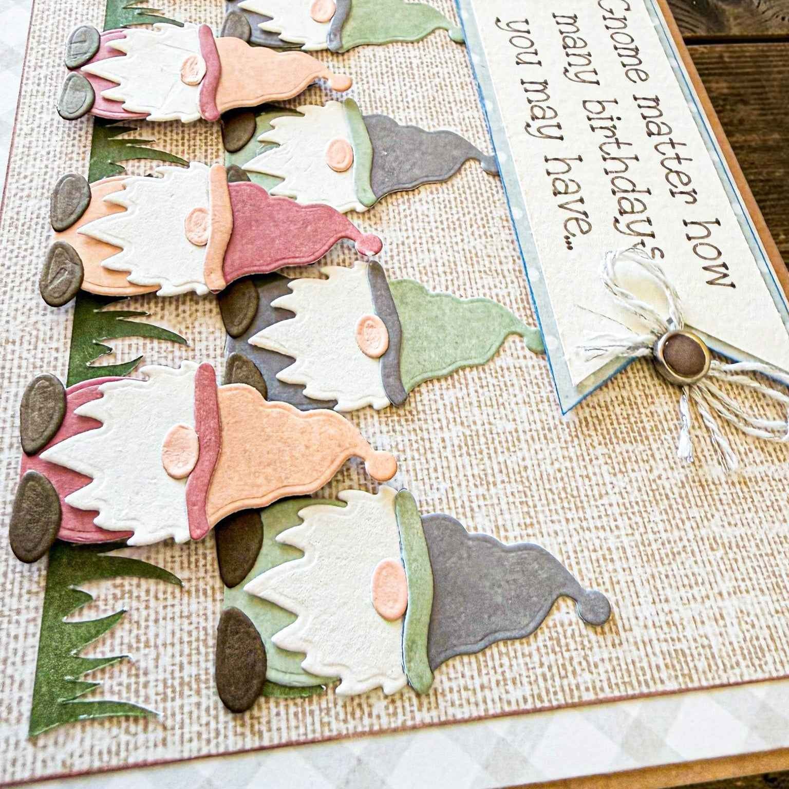 Farmhouse Whimsy garden gnome birthday greeting card featuring a whimsical gnome illustration for special celebrations.