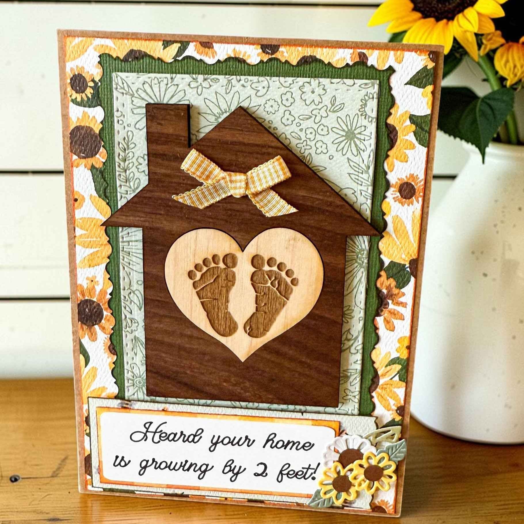 Farmhouse Whimsy sunflower baby shower greeting card with bright sunflower illustrations and floral accents.