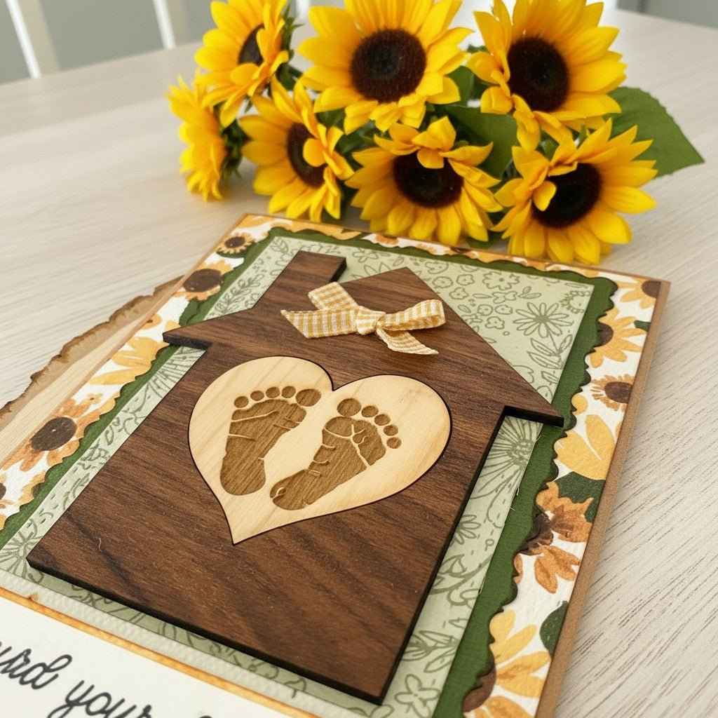 Sunflower Baby Shower Card from Farmhouse Whimsy greeting card collection, featuring bright sunflower design for celebrating new arrival.