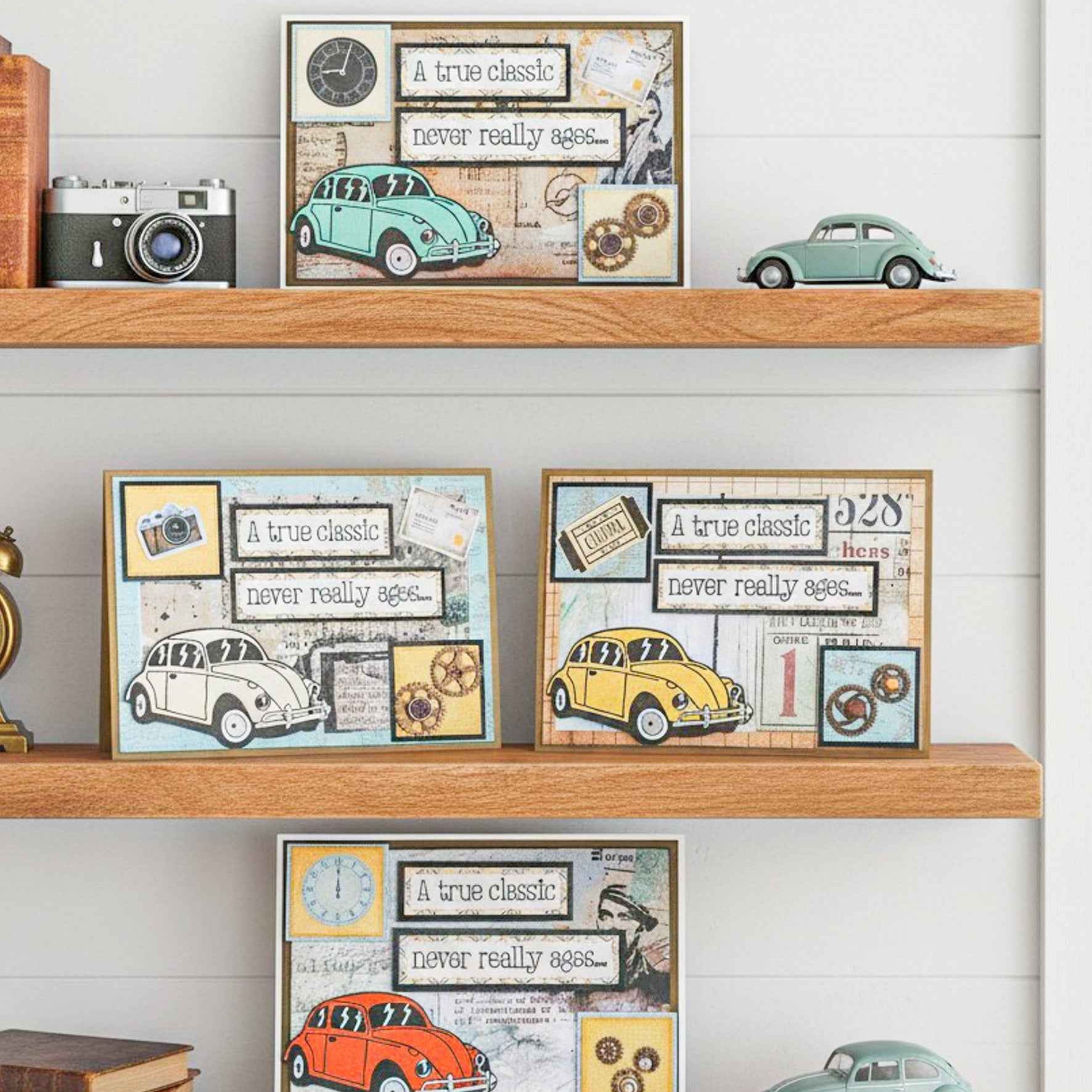 Farmhouse Whimsy classic car birthday greeting card featuring a vintage white car illustration on a cheerful background.