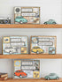 Farmhouse Whimsy classic car birthday greeting card featuring a vintage white car illustration on a cheerful background.