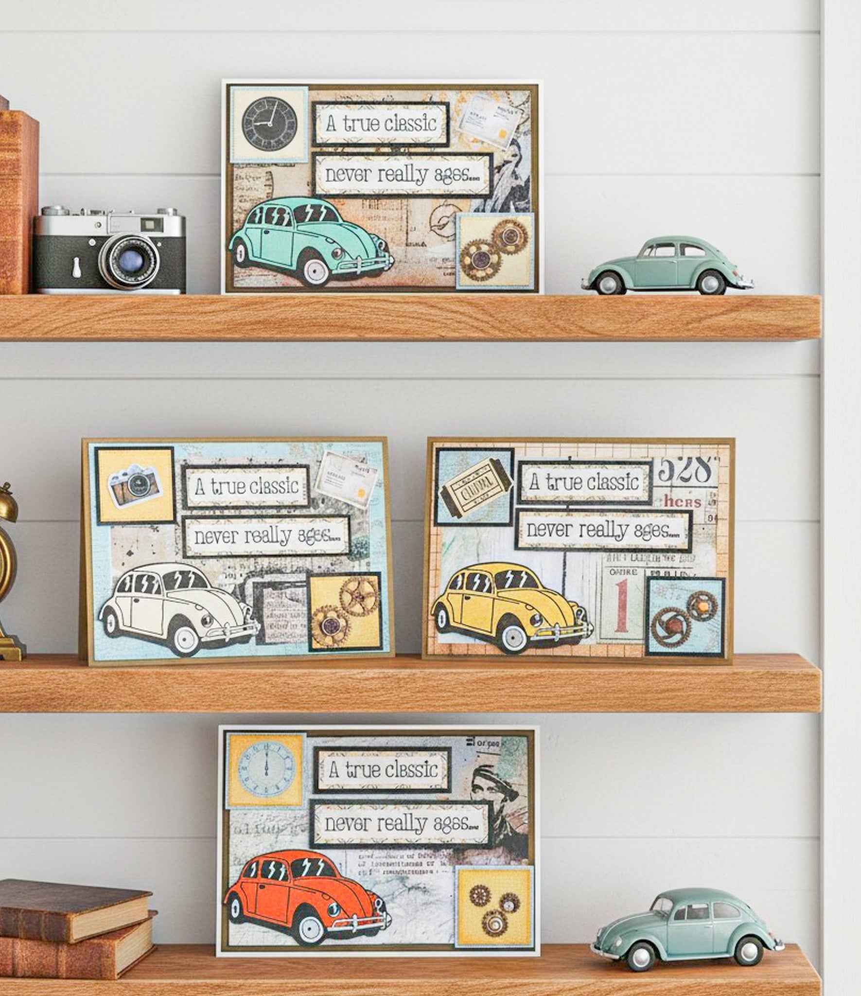 Farmhouse Whimsy classic car birthday greeting card featuring a vintage white car illustration on a cheerful background.