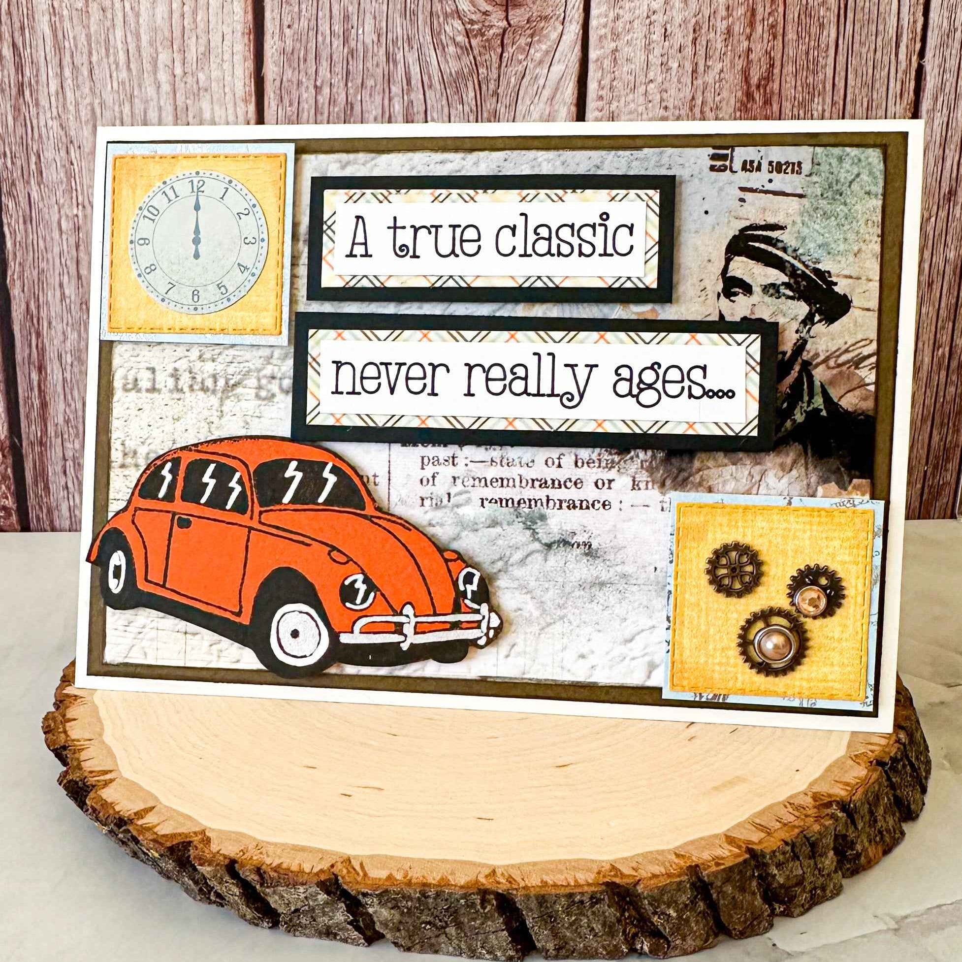 Farmhouse Whimsy classic car birthday greeting card with white background and vintage car illustration for celebration occasions.