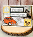 Farmhouse Whimsy classic car birthday greeting card with white background and vintage car illustration for celebration occasions.